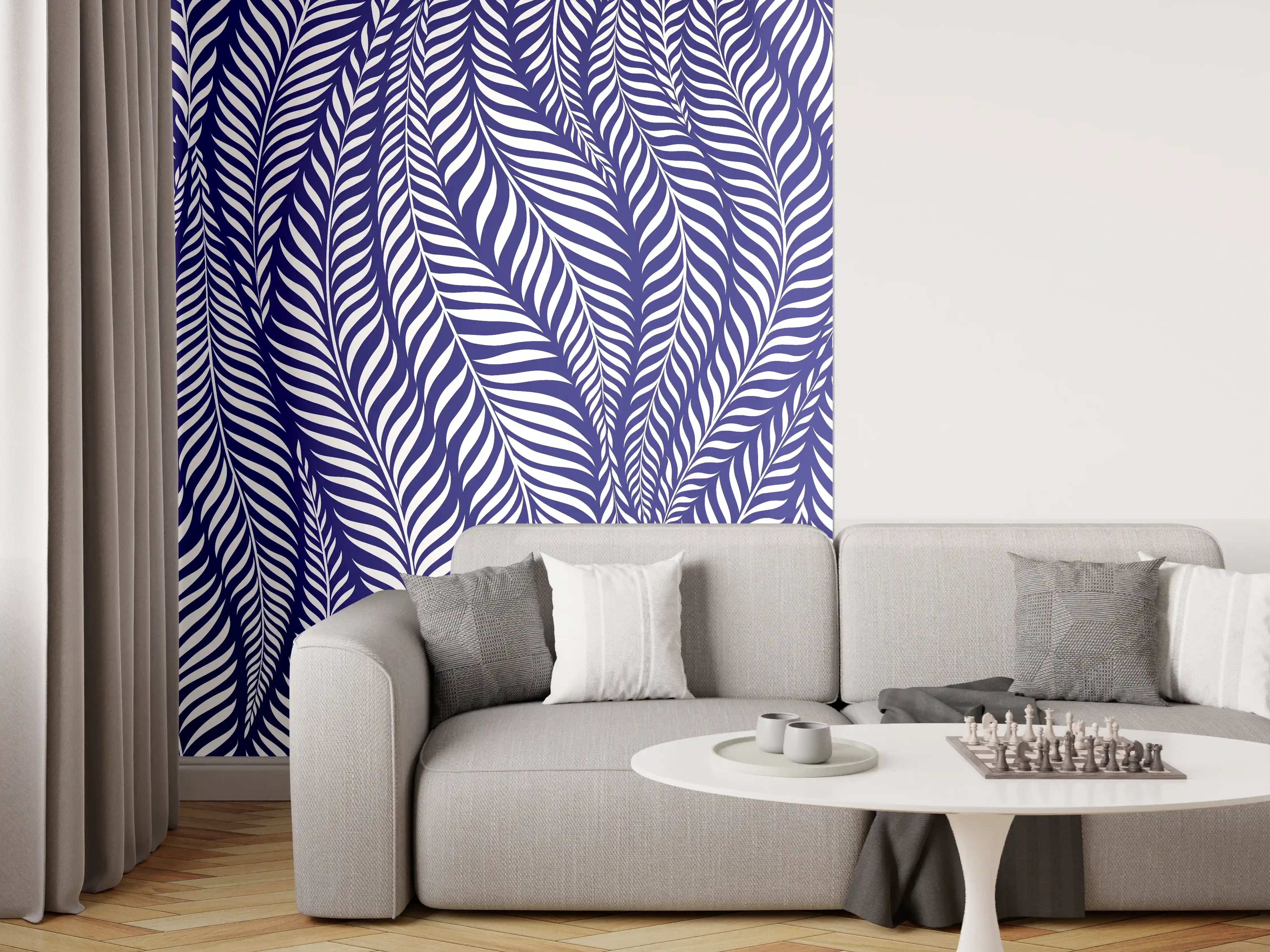 Wandverkleidung Wohnzimmer - Detailliertes Floral-Design in Blau und Weiß