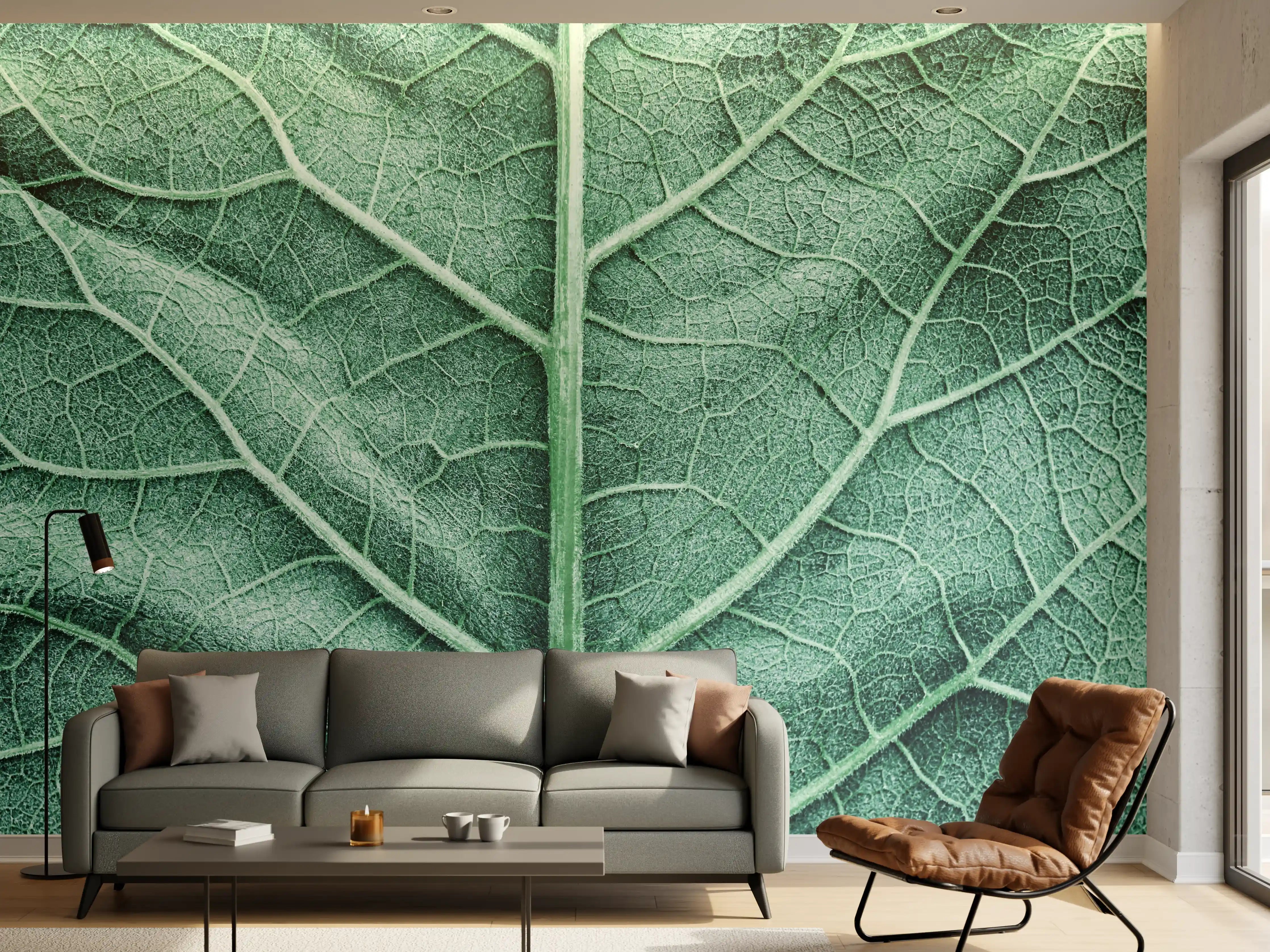 Wandverkleidung Wohnzimmer - Detailreiche Blattstruktur in Grüntönen