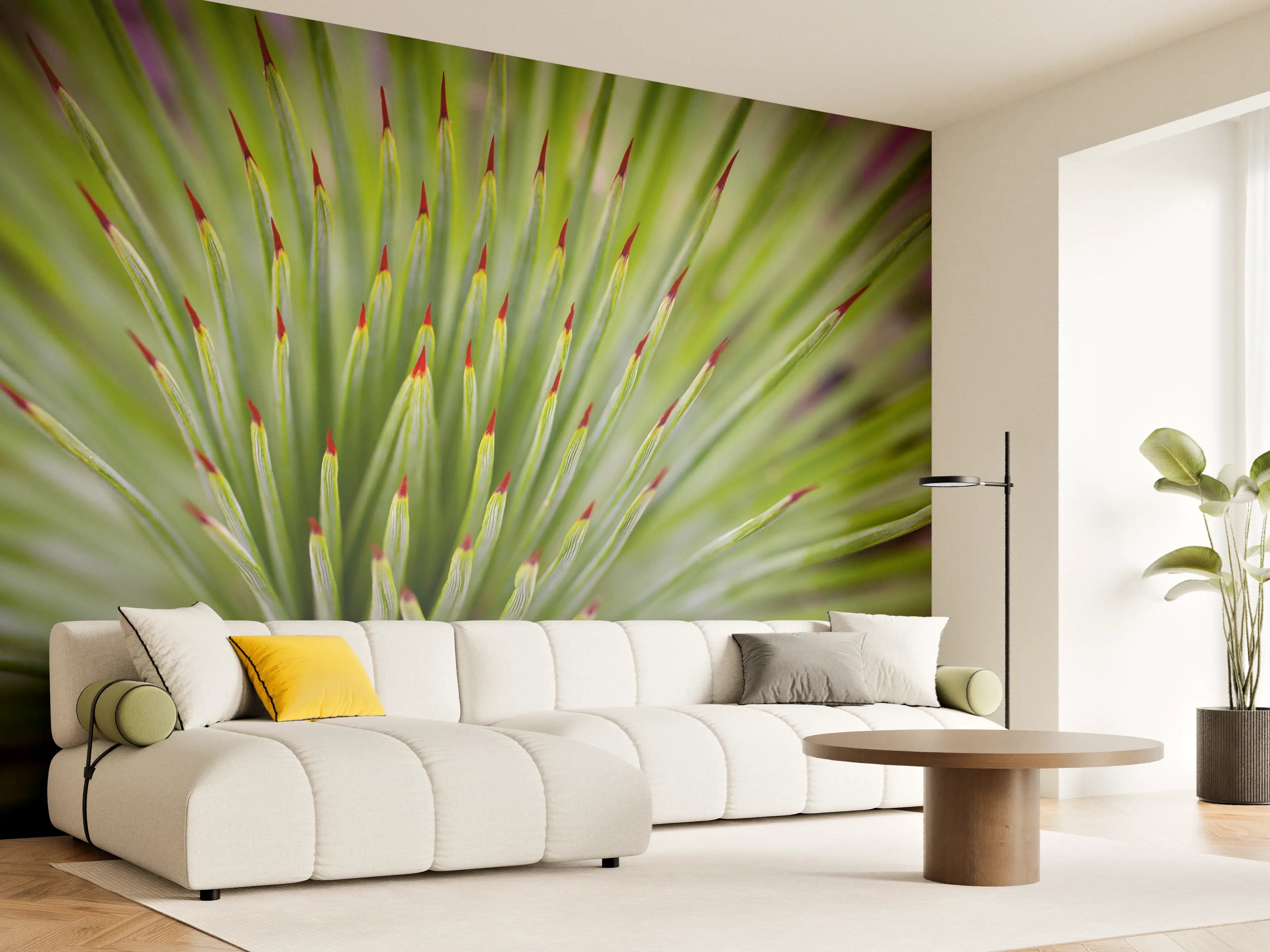 Wandverkleidung Wohnzimmer - Detailreiche Nahaufnahme eines grünen, spitzen Sukkulenten