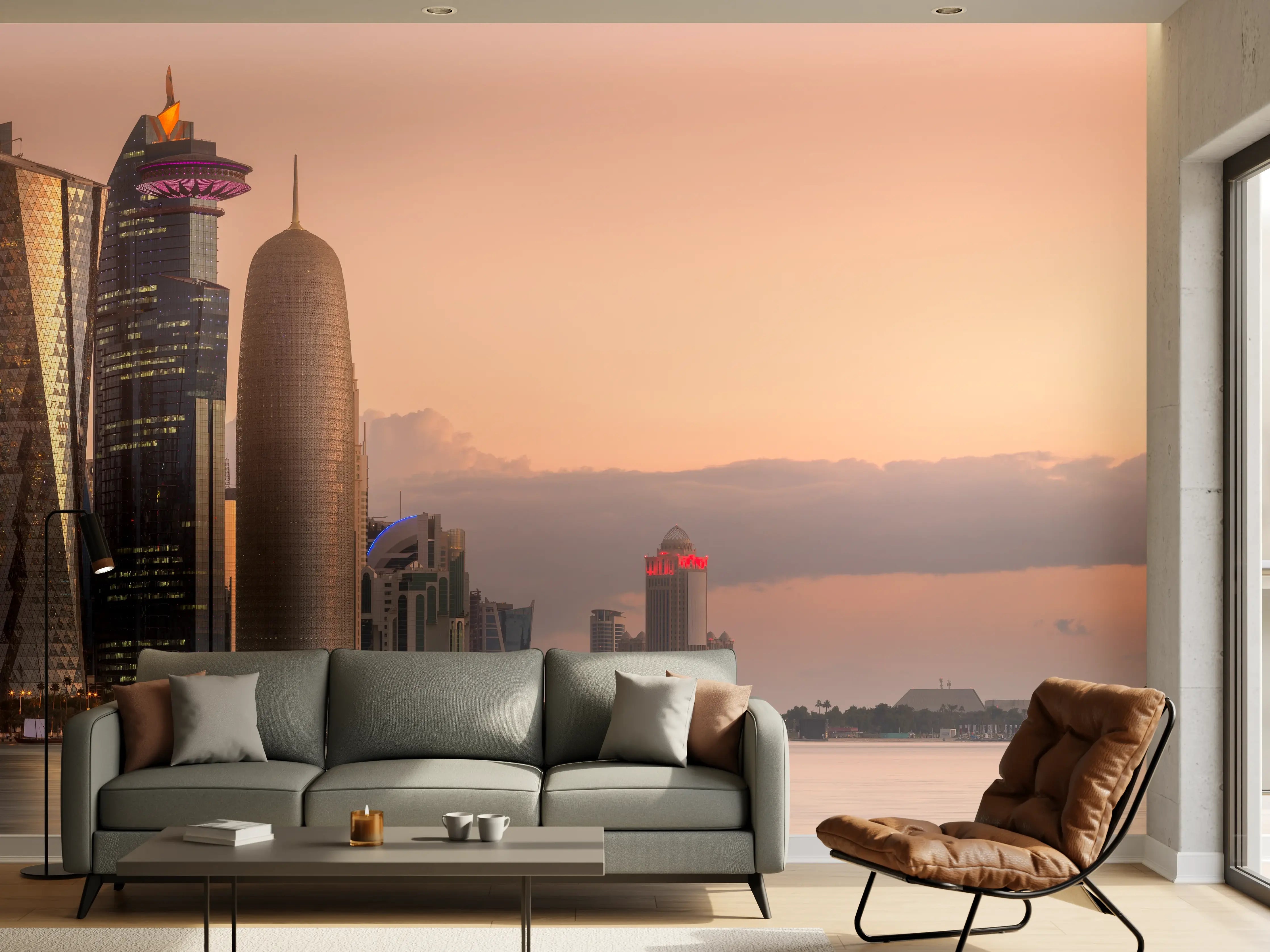 Wandverkleidung Wohnzimmer - Die Skyline von West Bay und Doha City