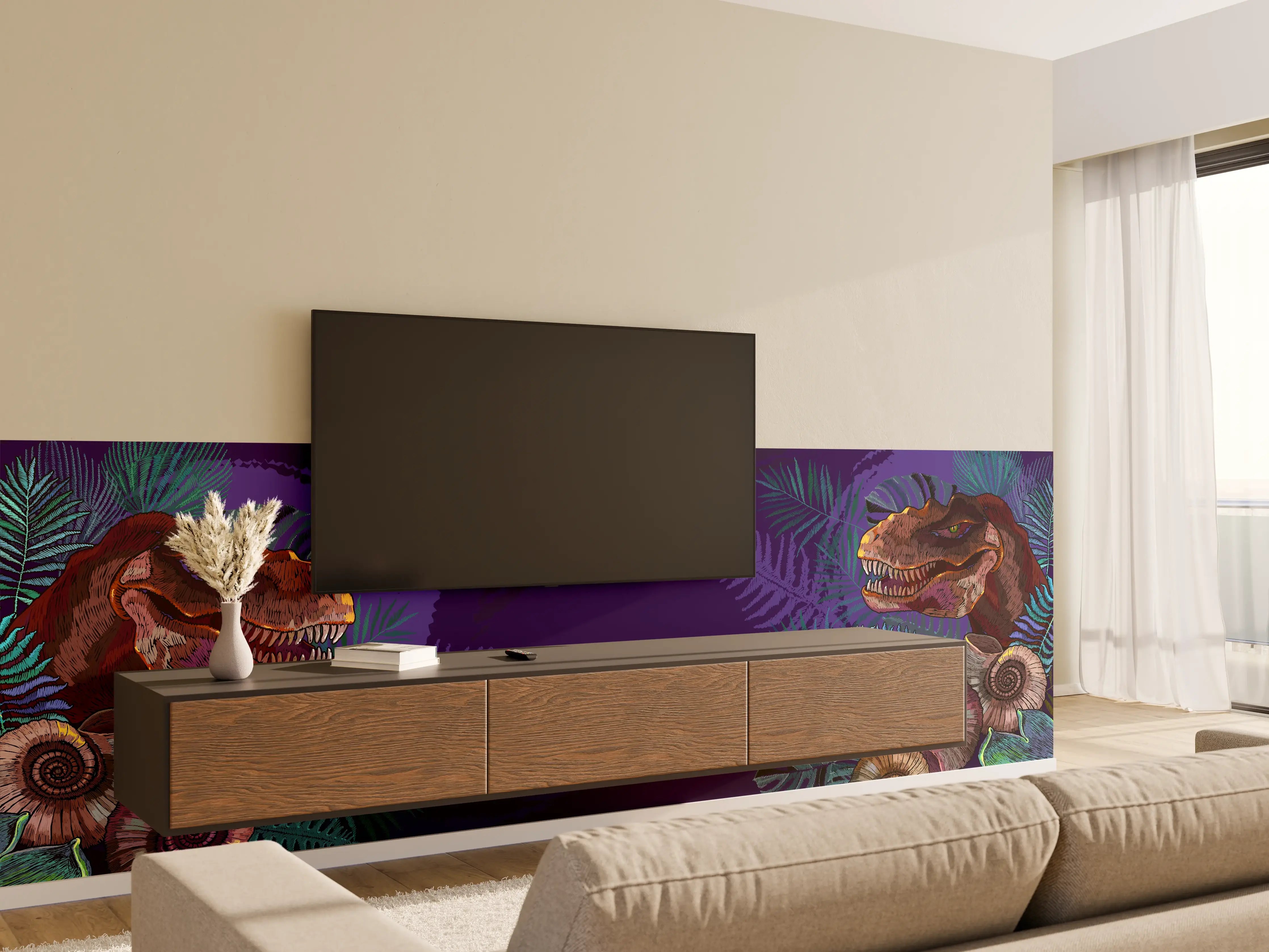 Wandverkleidung Wohnzimmer - Dinosaurier & Fossilien Dunkellila Muster