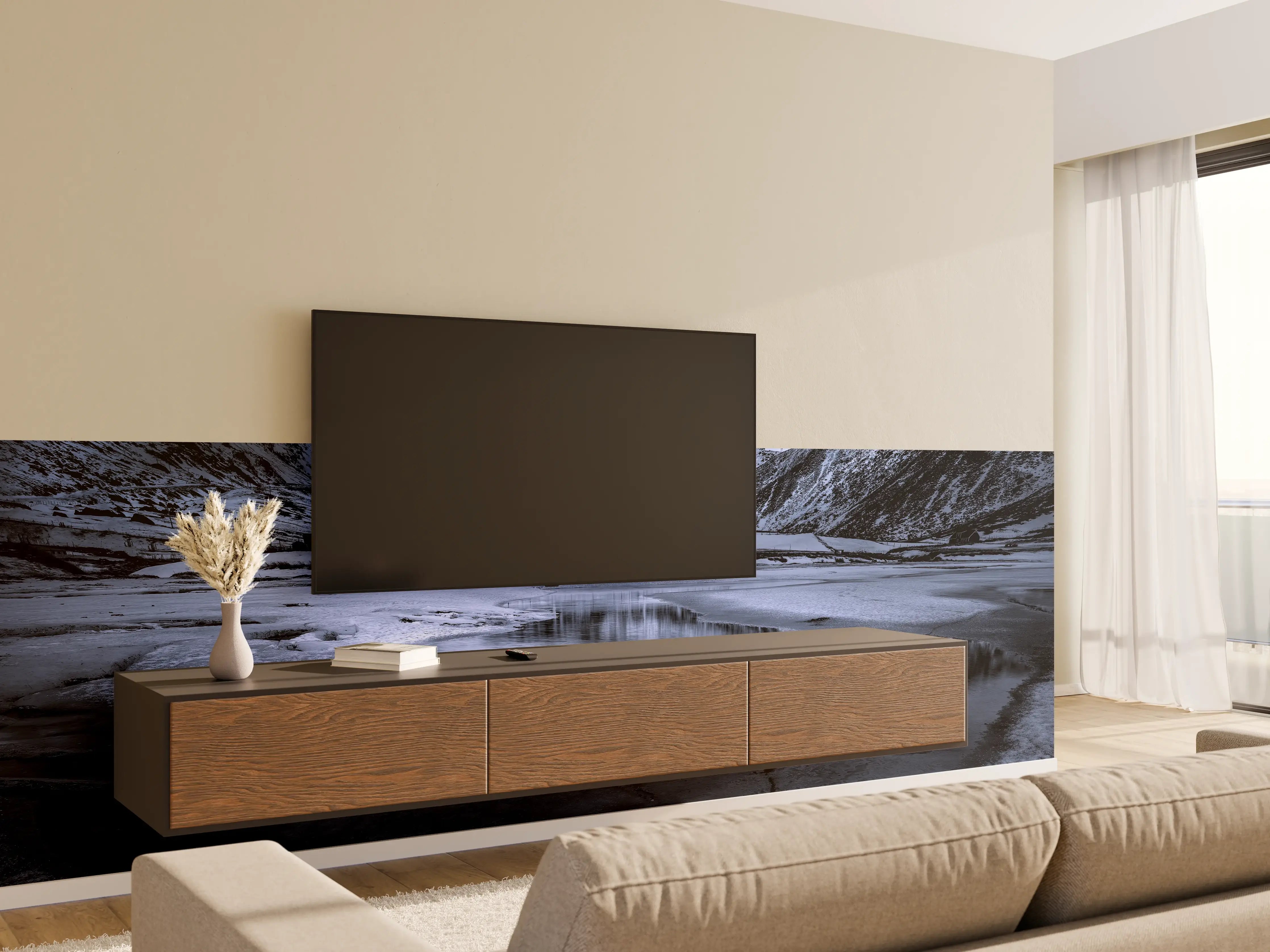 Wandverkleidung Wohnzimmer - Dramatische Berglandschaft bei Nacht