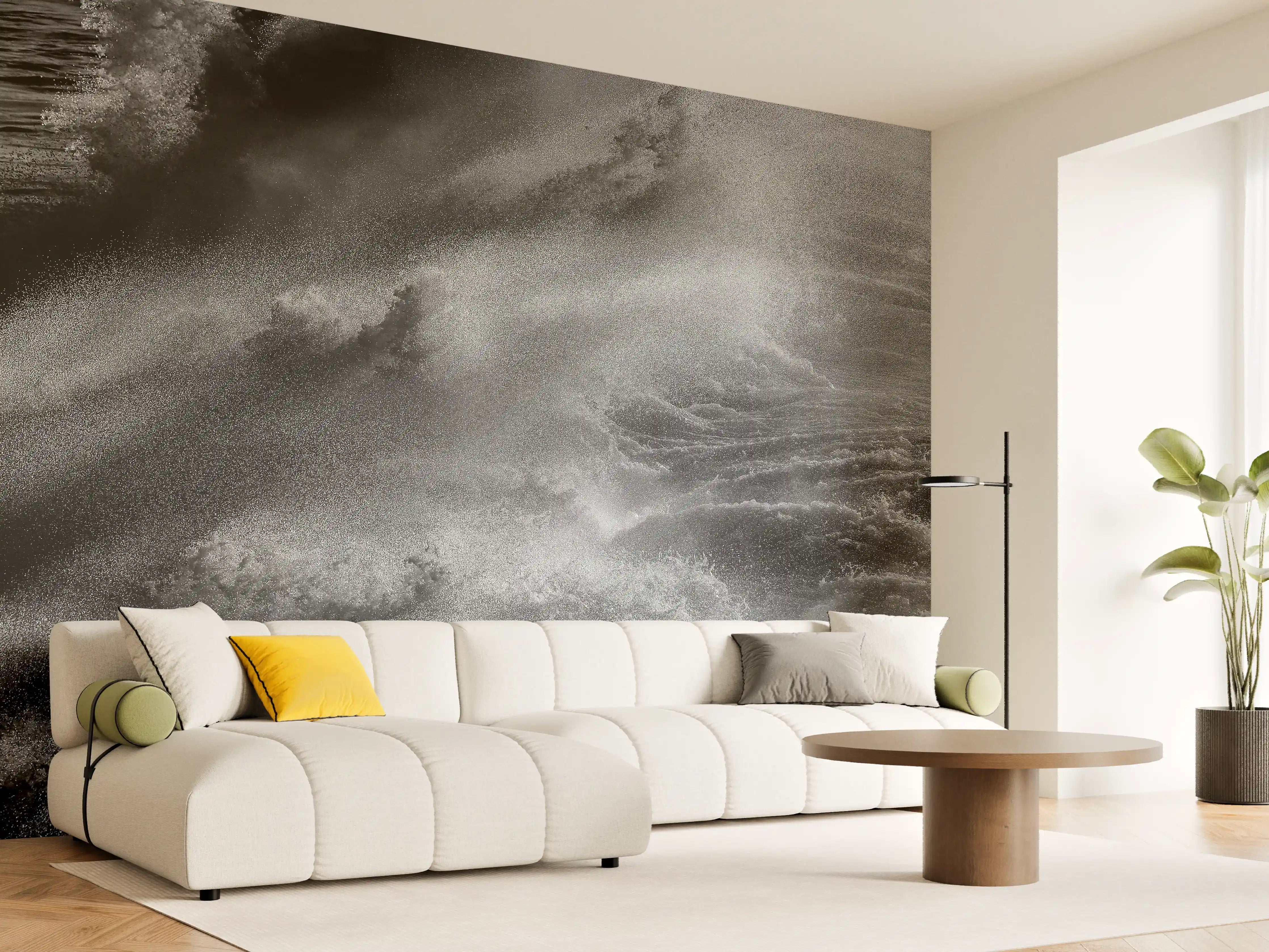 Wandverkleidung Wohnzimmer - Dramatische Meereswellen in Schwarz-Weiß