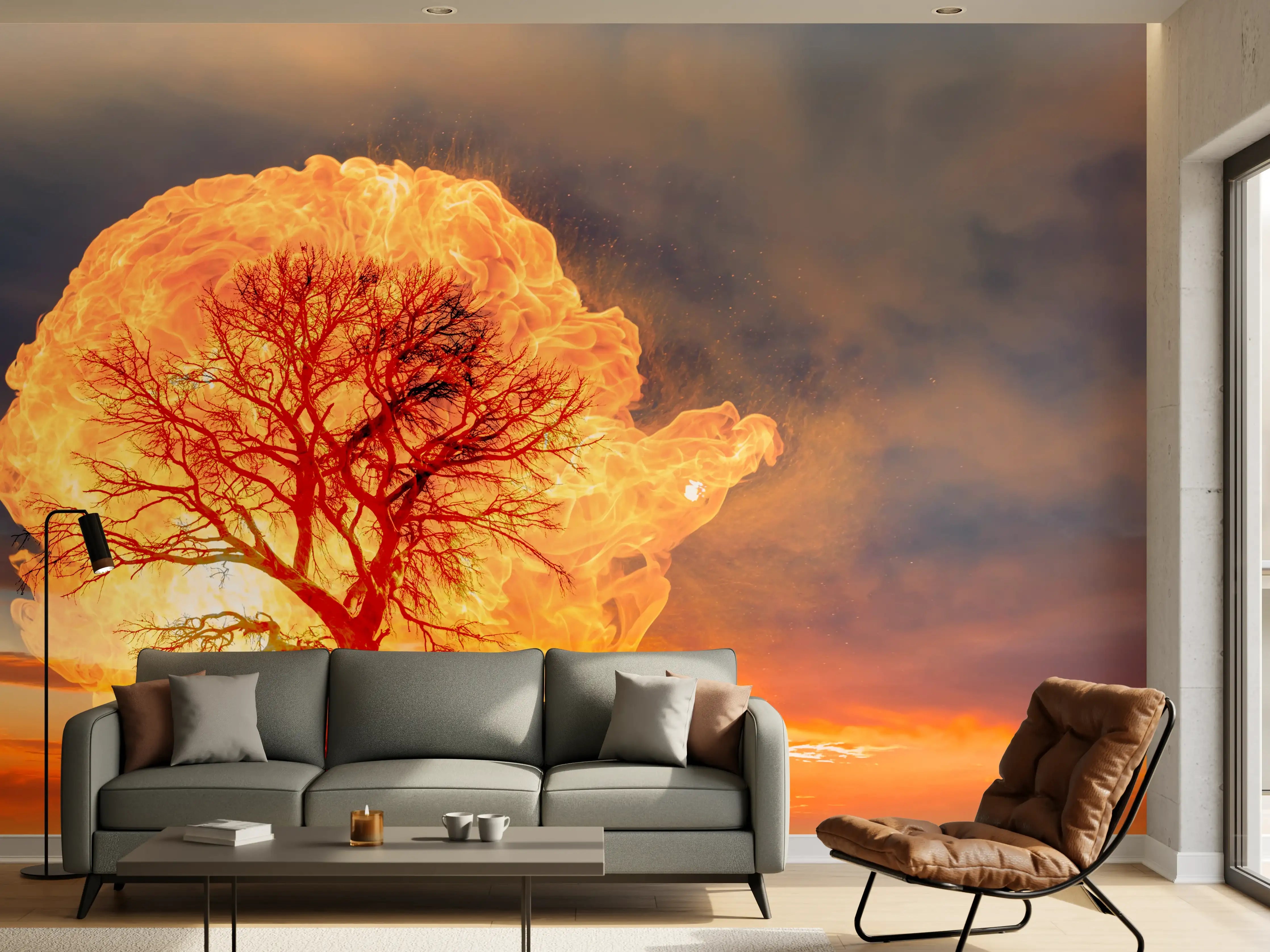Wandverkleidung Wohnzimmer - Dramatischer Sonnenuntergang mit Baum und Wolken