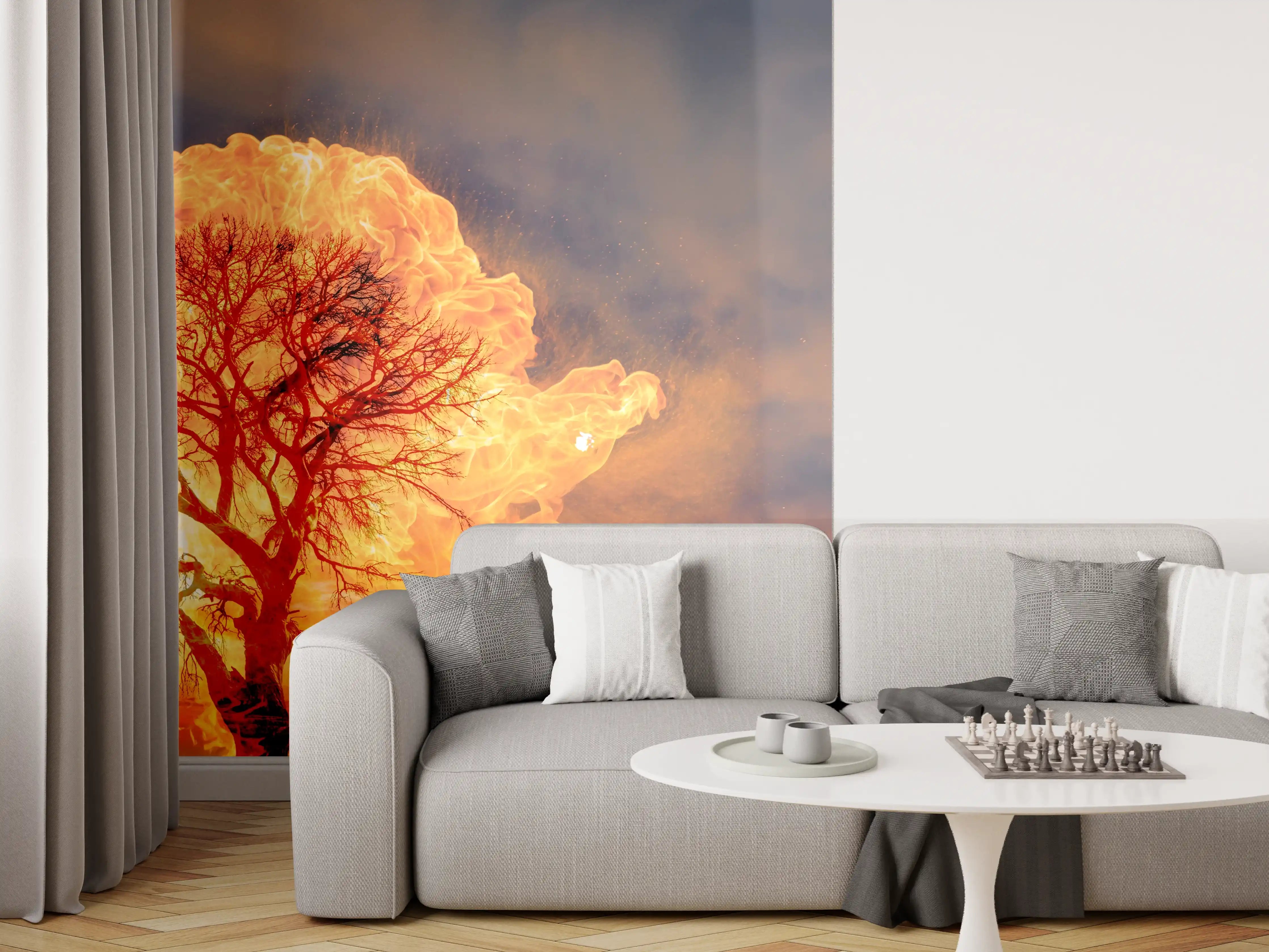Wandverkleidung Wohnzimmer - Dramatischer Sonnenuntergang mit Baum und Wolken