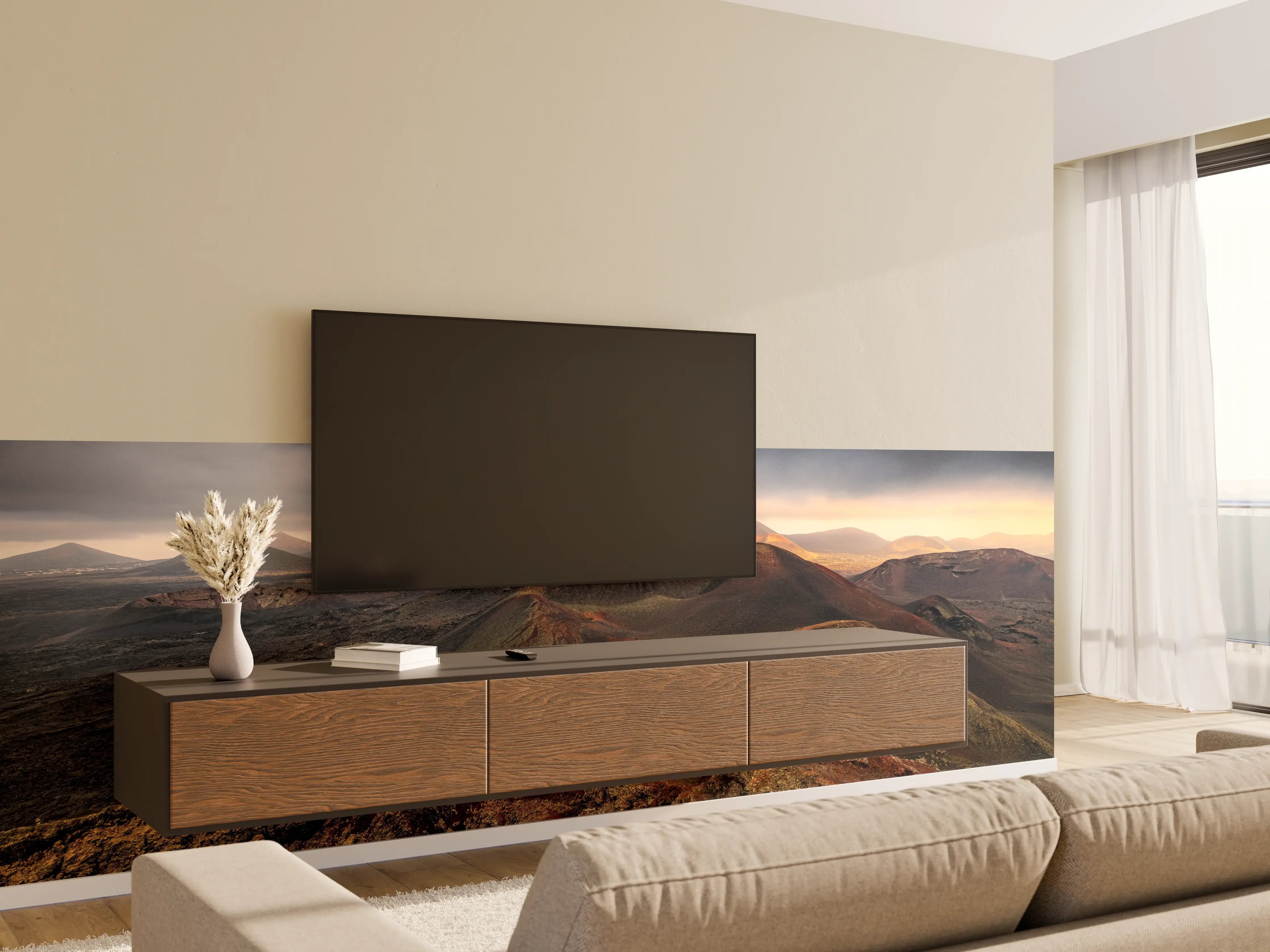 Wandverkleidung Wohnzimmer - Dramatischer Vulkan mit dunklen Wolken