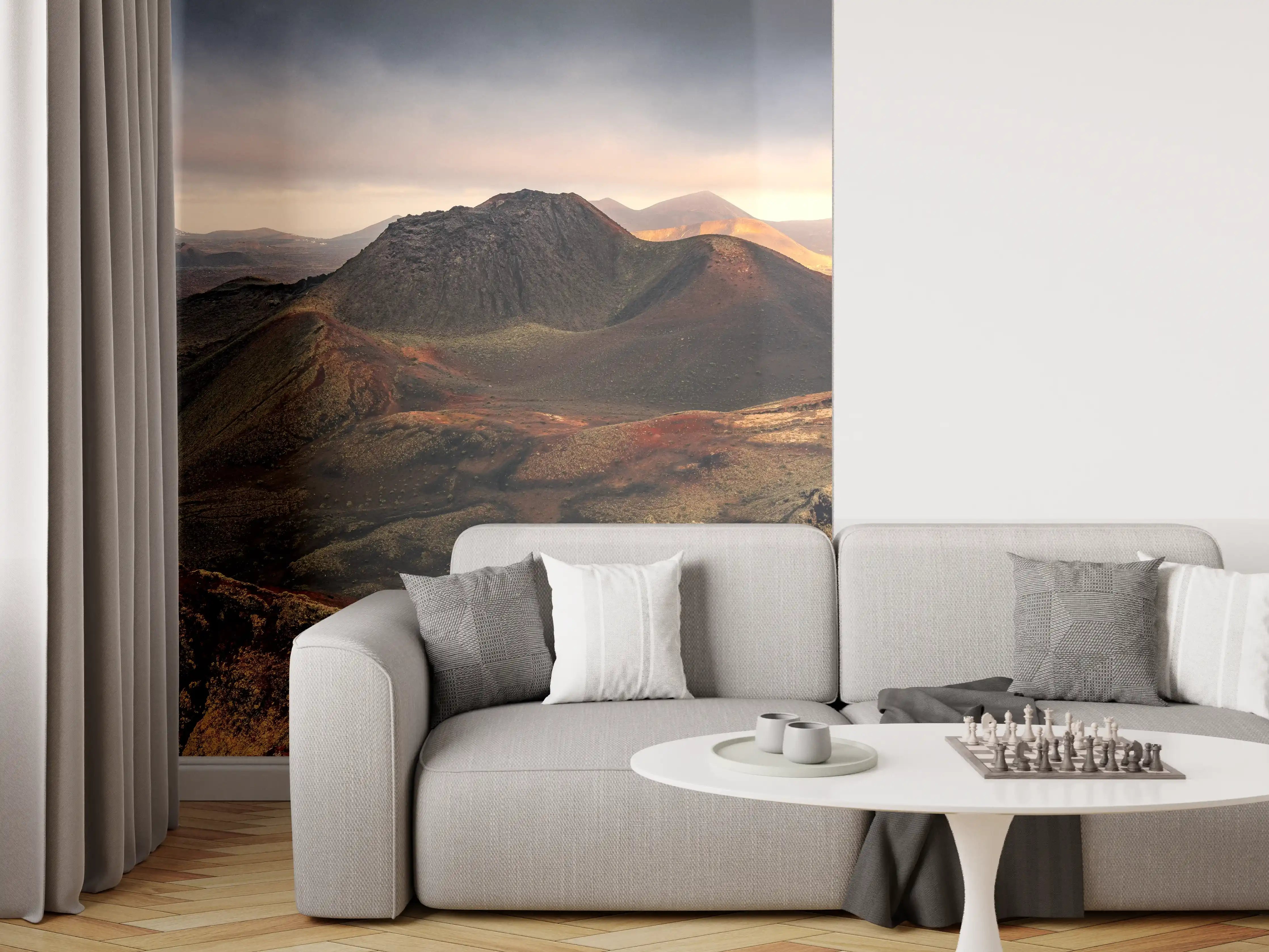 Wandverkleidung Wohnzimmer - Dramatischer Vulkan mit dunklen Wolken