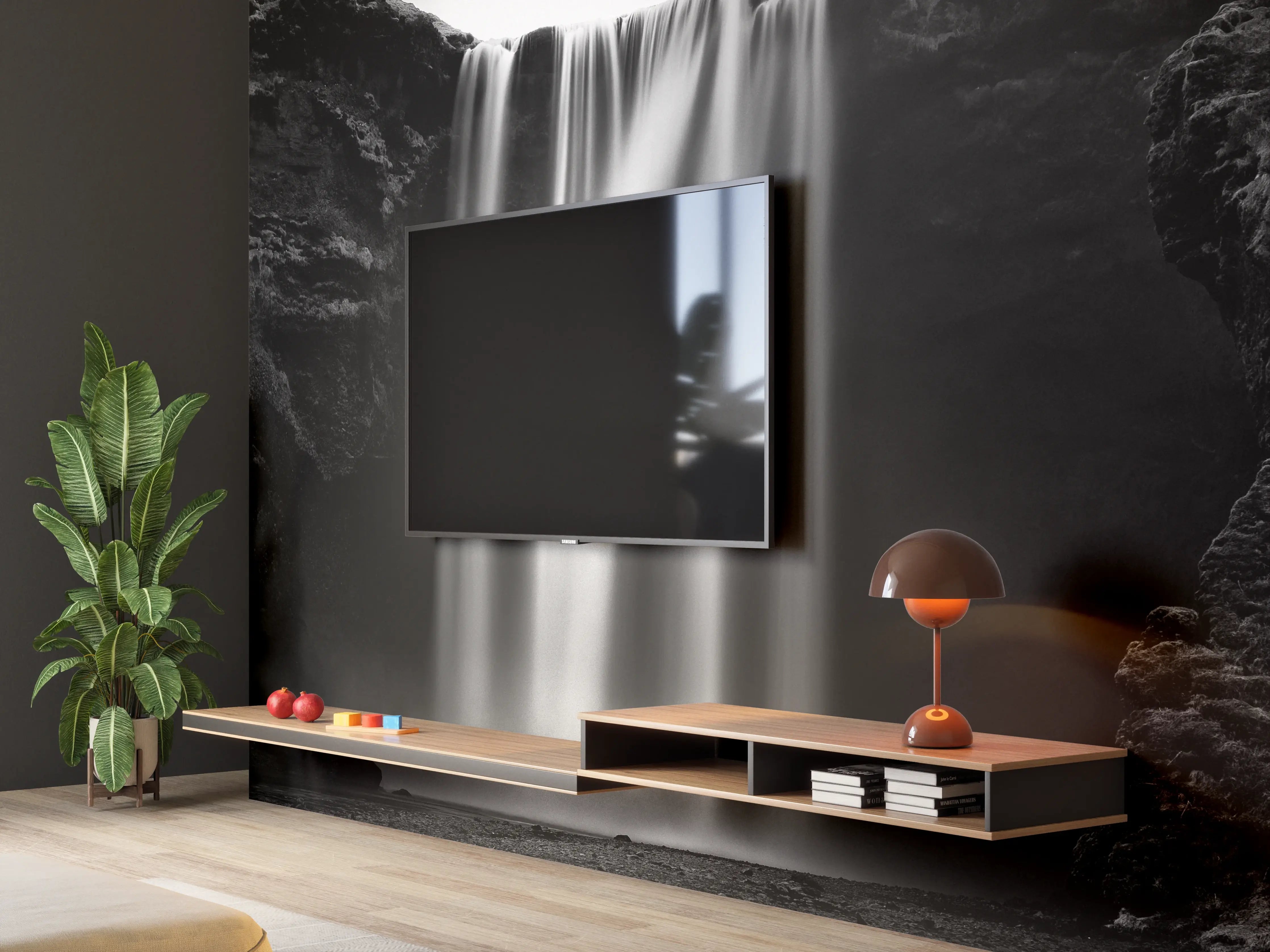 Wandverkleidung Wohnzimmer - Dramatischer Wasserfall in Schwarz-Weiß