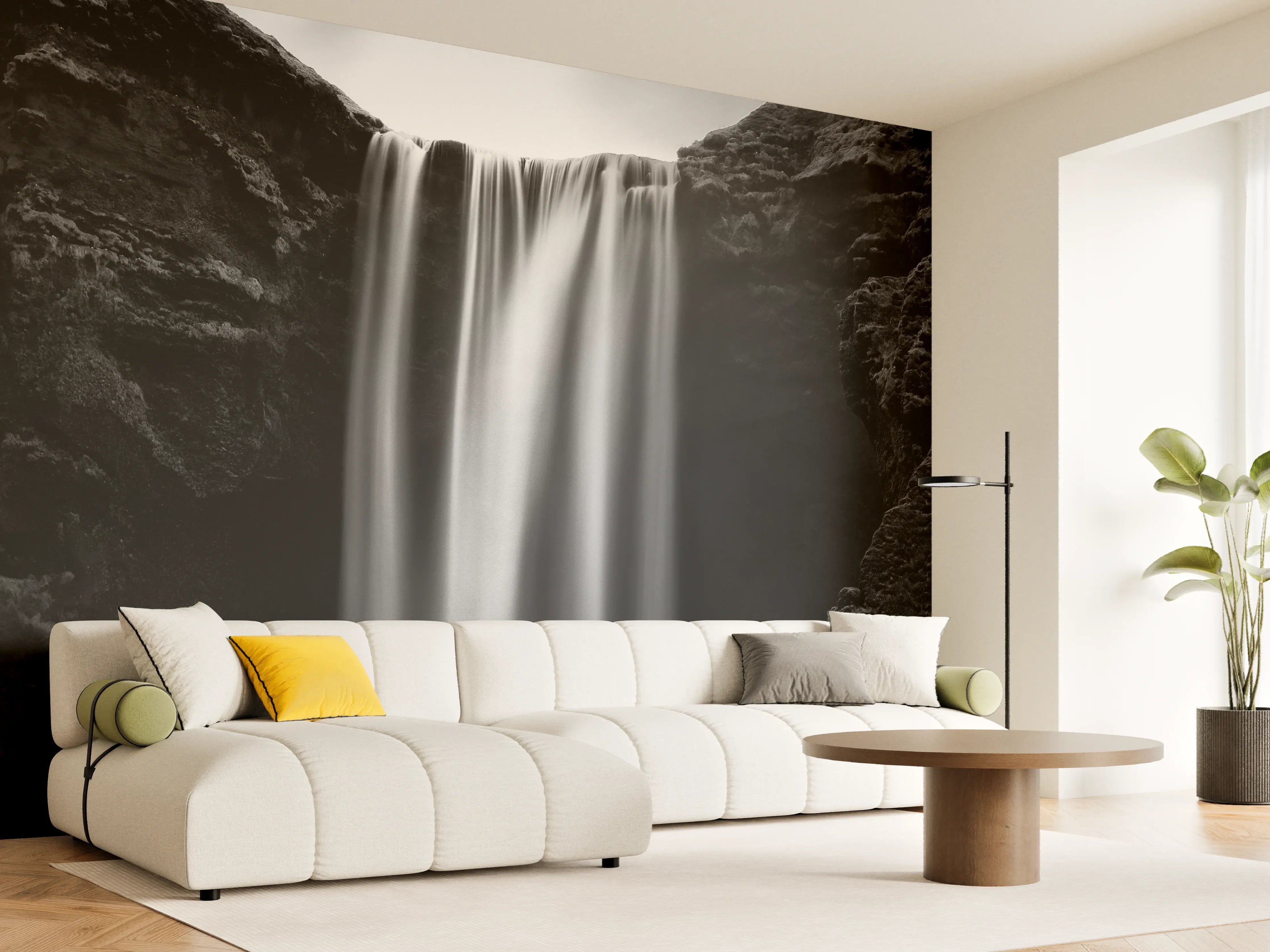 Wandverkleidung Wohnzimmer - Dramatischer Wasserfall in Schwarz-Weiß