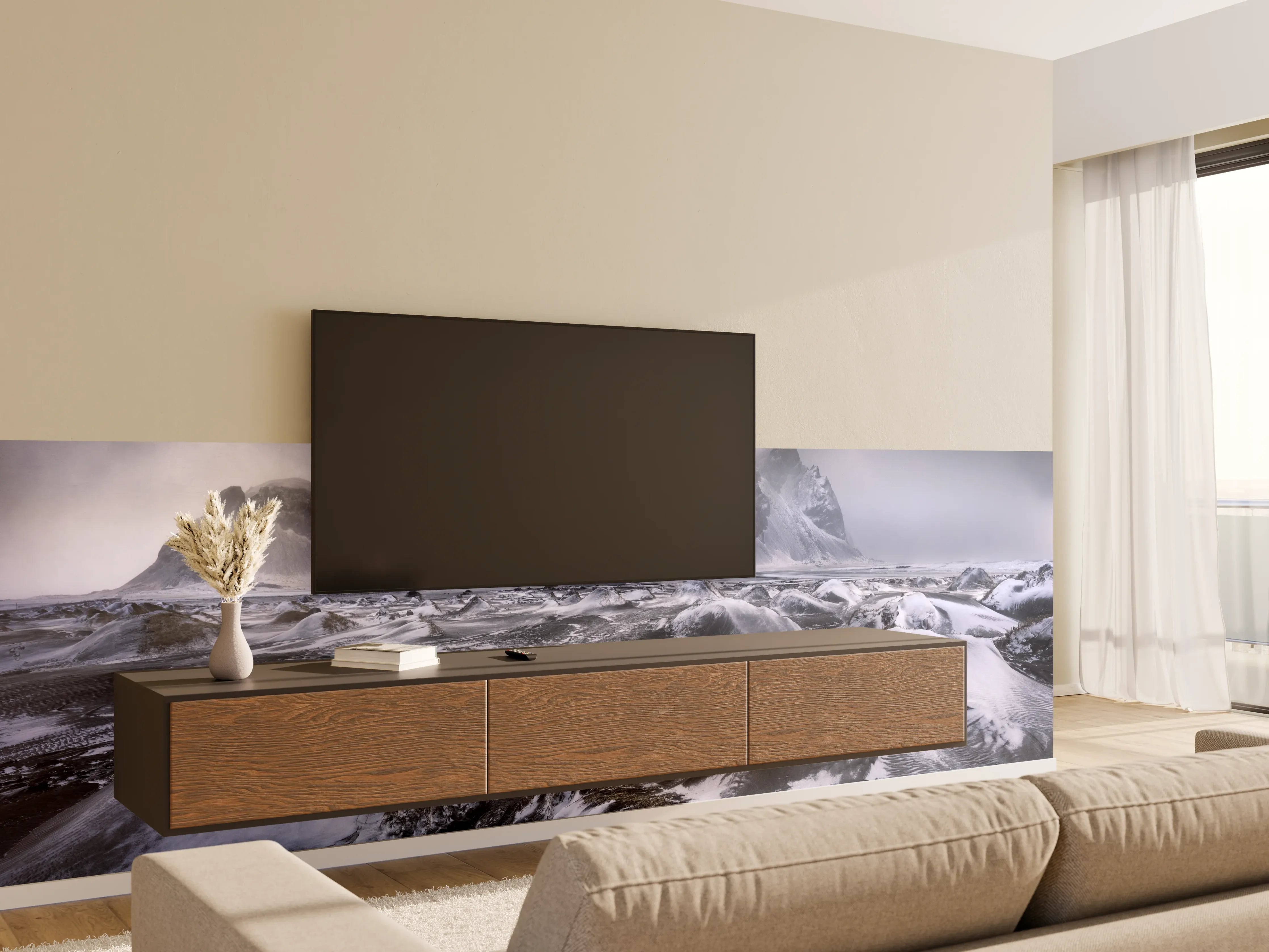 Wandverkleidung Wohnzimmer - Dramatisches Meeres- und Bergpanorama mit stürmischer Atmosphäre
