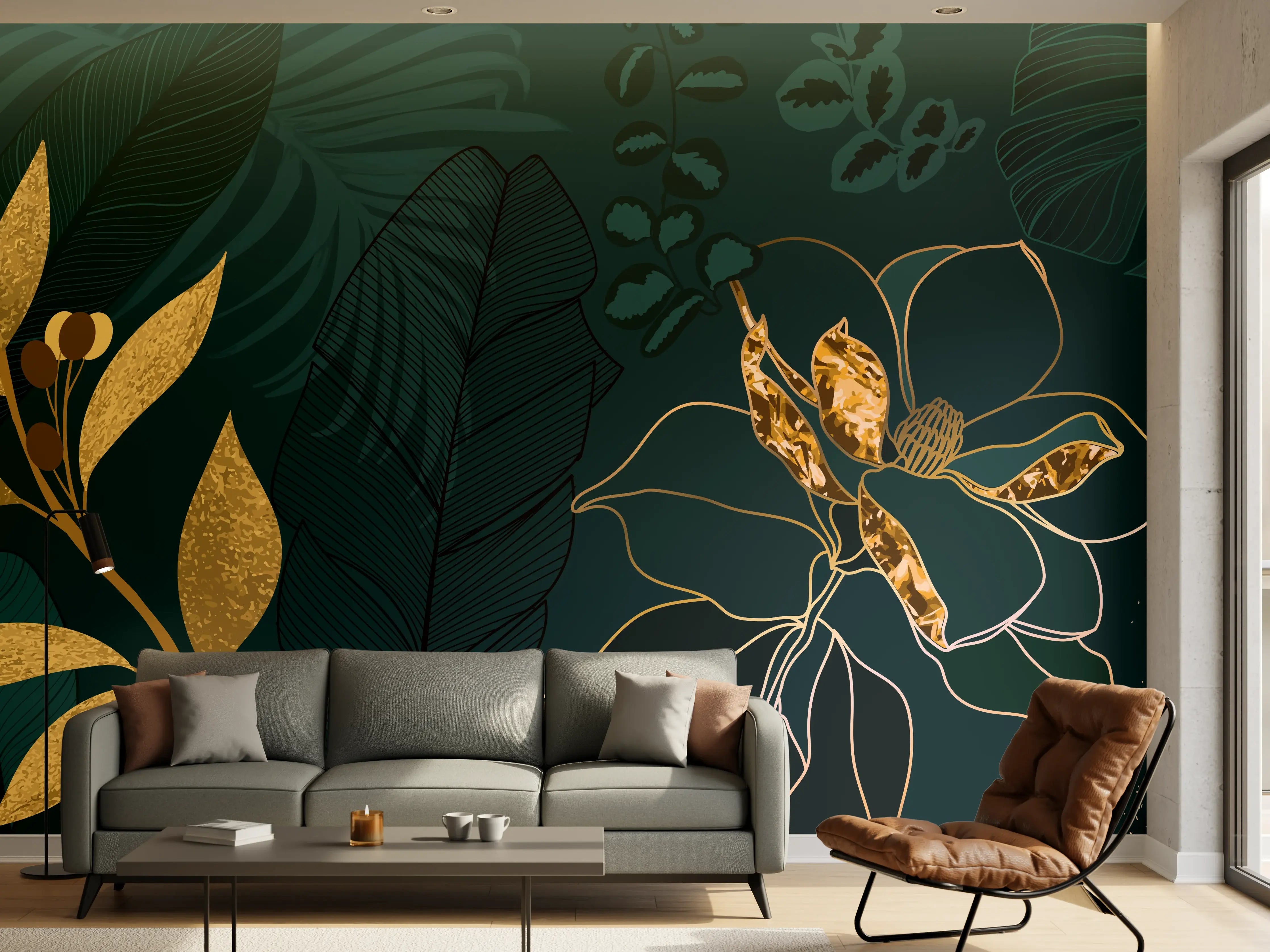 Wandverkleidung Wohnzimmer - Dschungel-Blatt-Gold-Linie