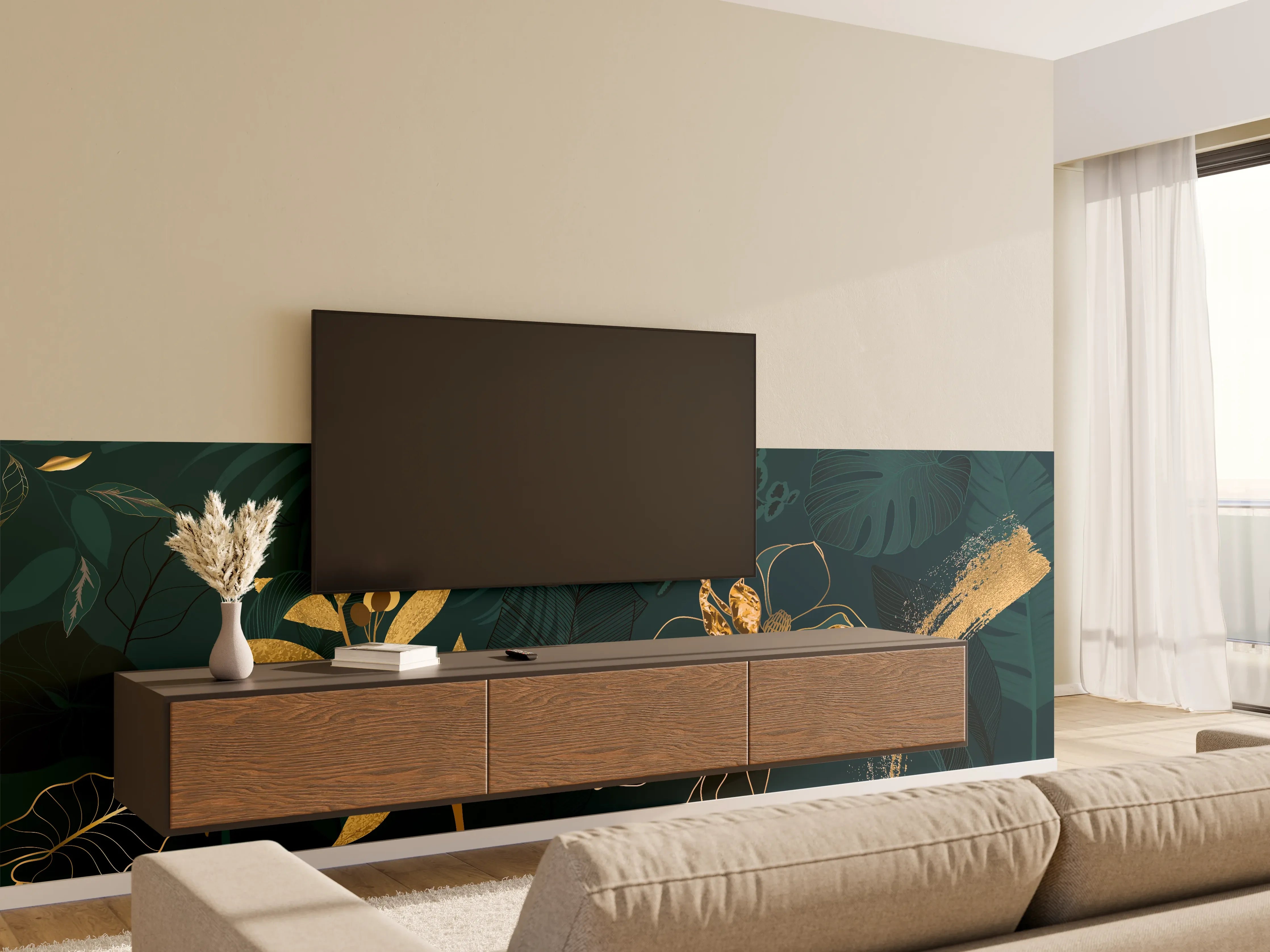 Wandverkleidung Wohnzimmer - Dschungel-Blatt-Gold-Linie