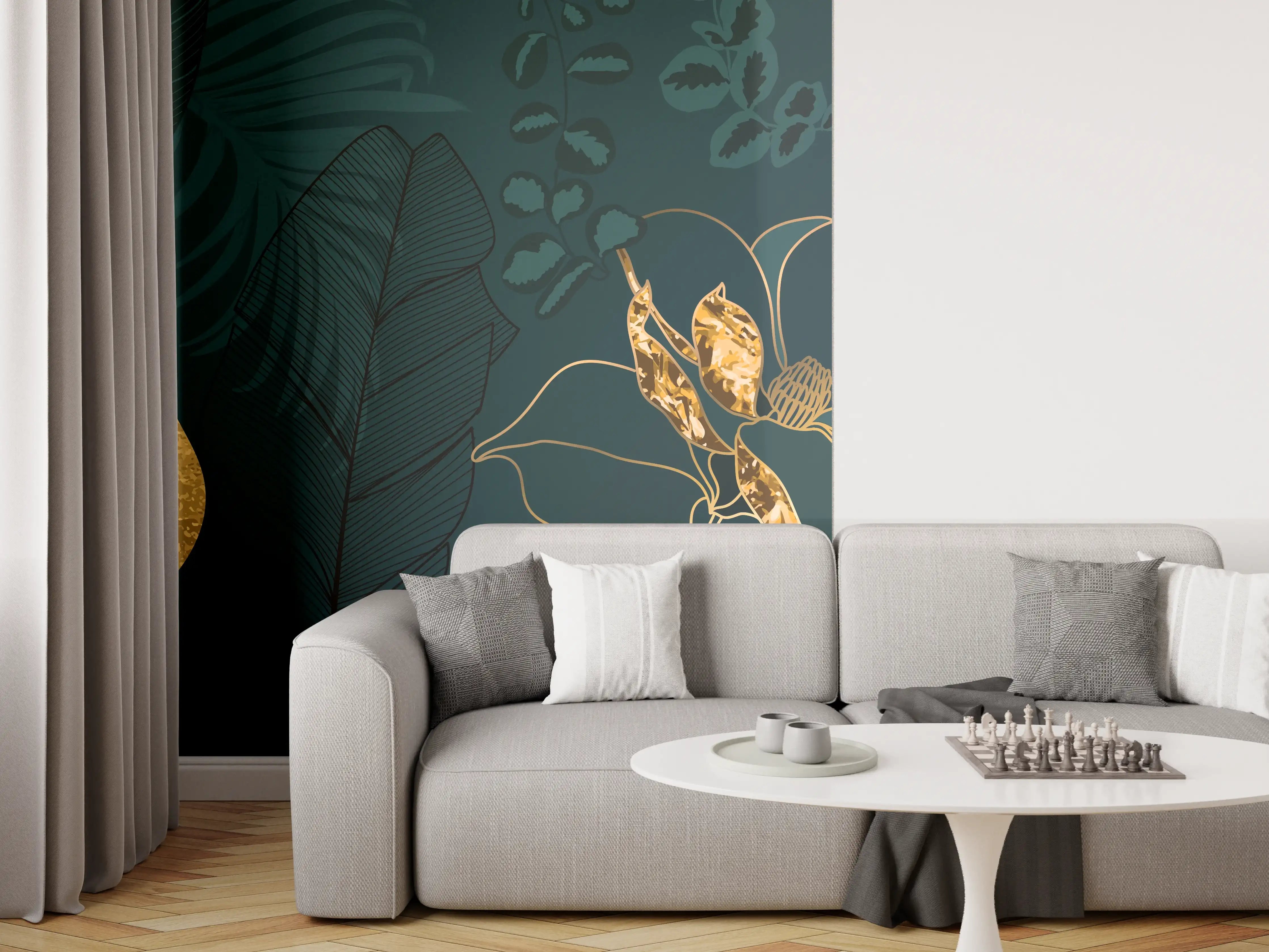 Wandverkleidung Wohnzimmer - Dschungel-Blatt-Gold-Linie