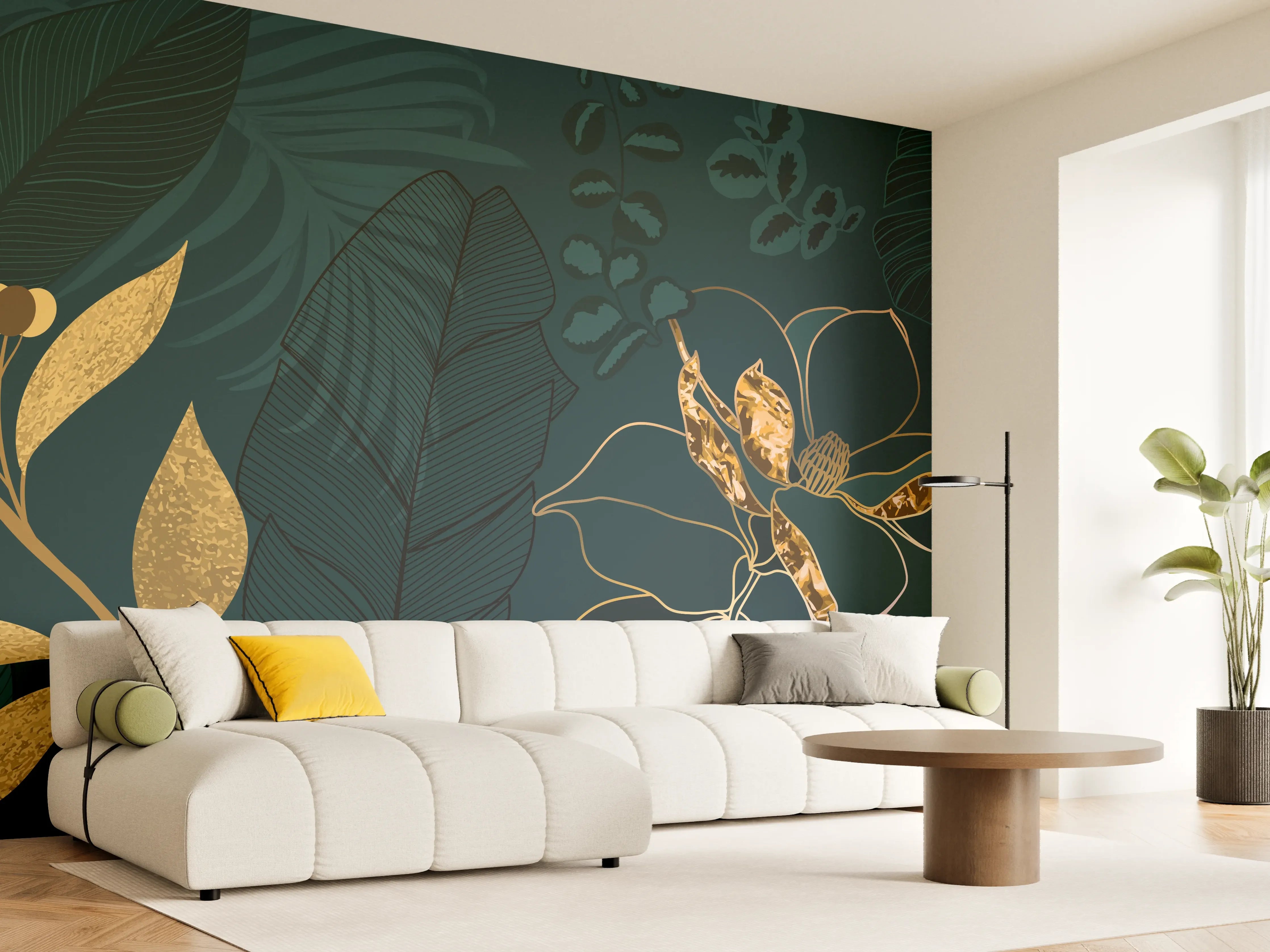 Wandverkleidung Wohnzimmer - Dschungel-Blatt-Gold-Linie
