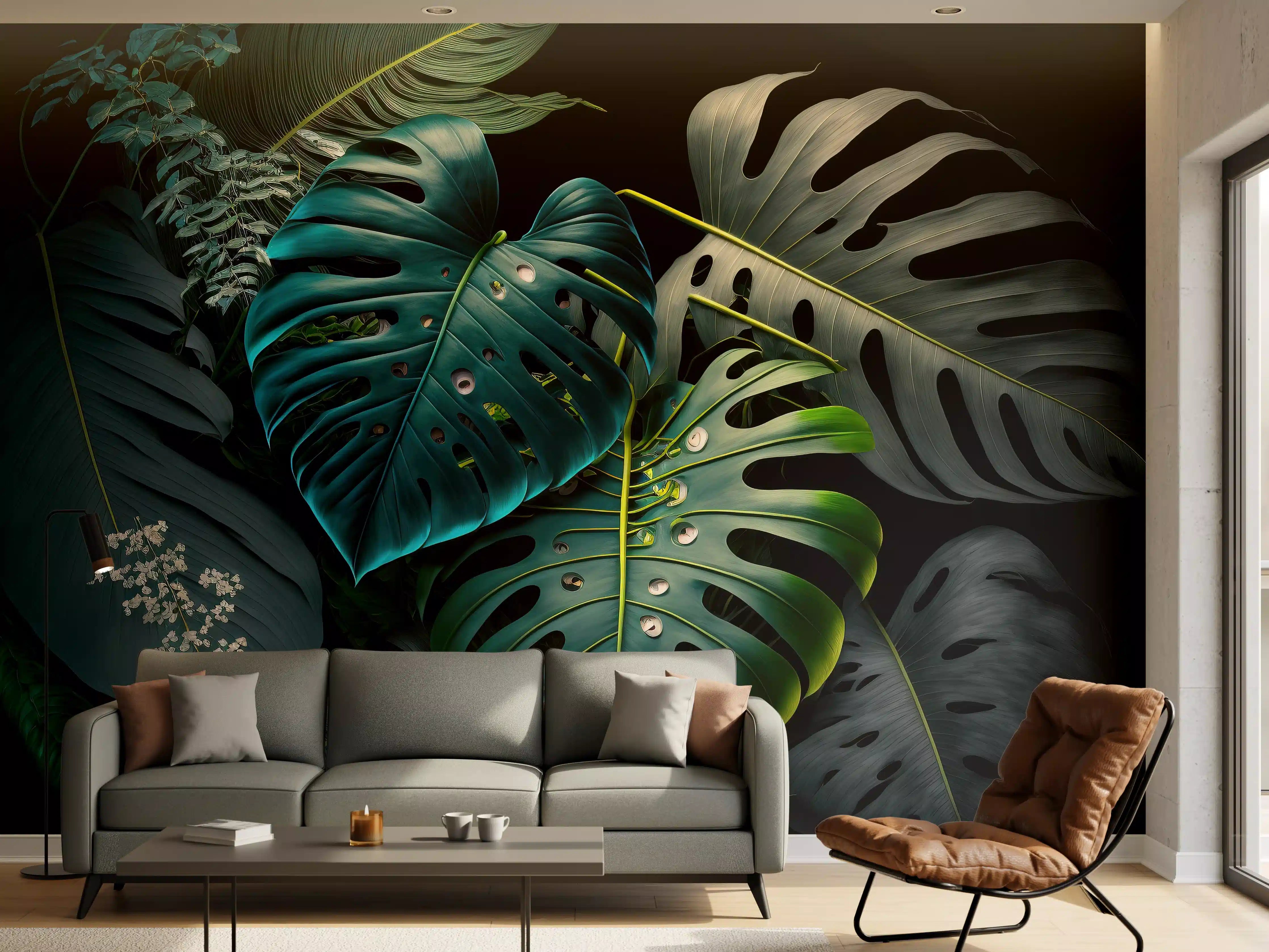 Wandverkleidung Wohnzimmer - Dschungel-Feeling: Monstera und exotische Blätter