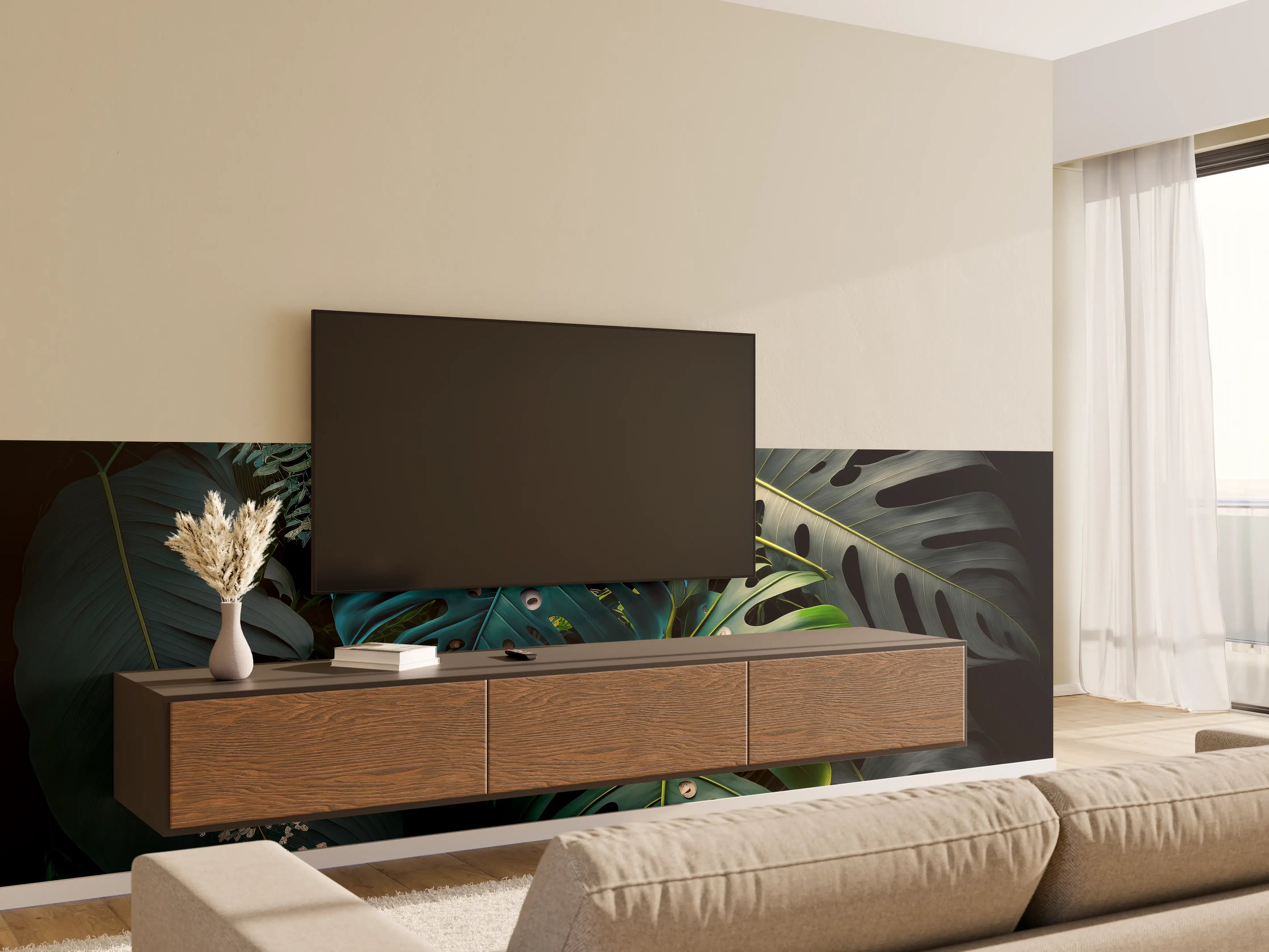 Wandverkleidung Wohnzimmer - Dschungel-Feeling: Monstera und exotische Blätter