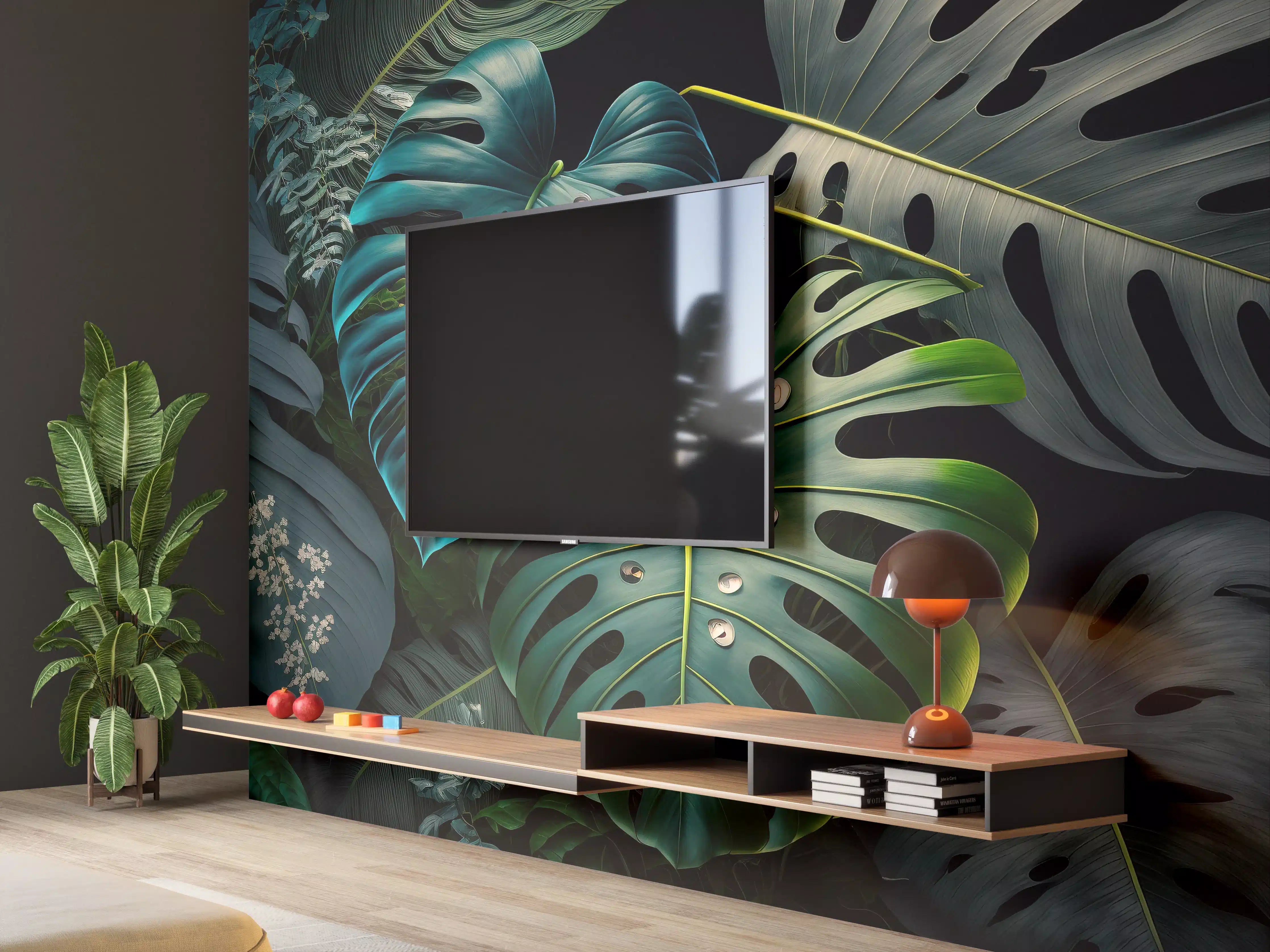 Wandverkleidung Wohnzimmer - Dschungel-Feeling: Monstera und exotische Blätter
