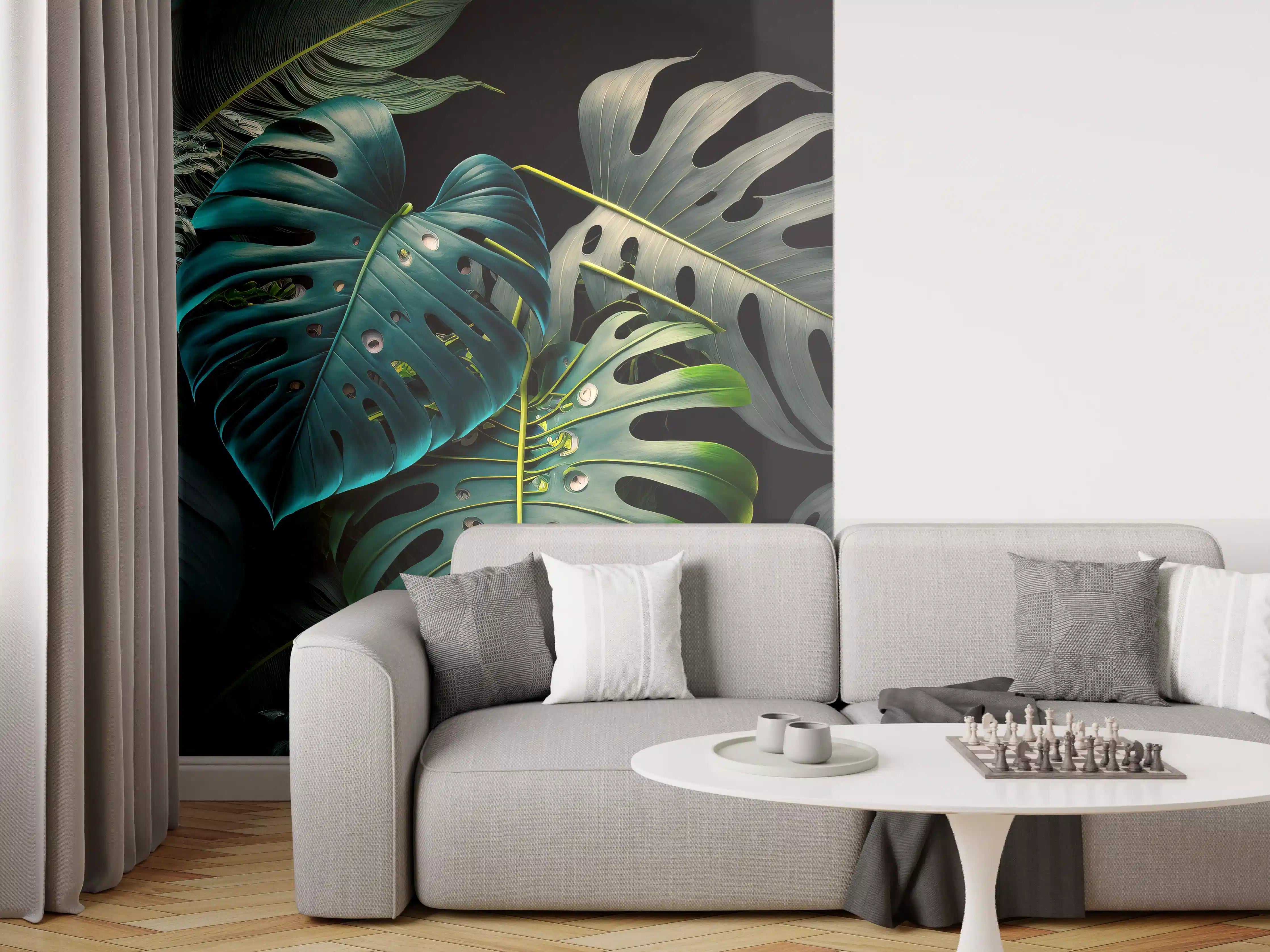Wandverkleidung Wohnzimmer - Dschungel-Feeling: Monstera und exotische Blätter