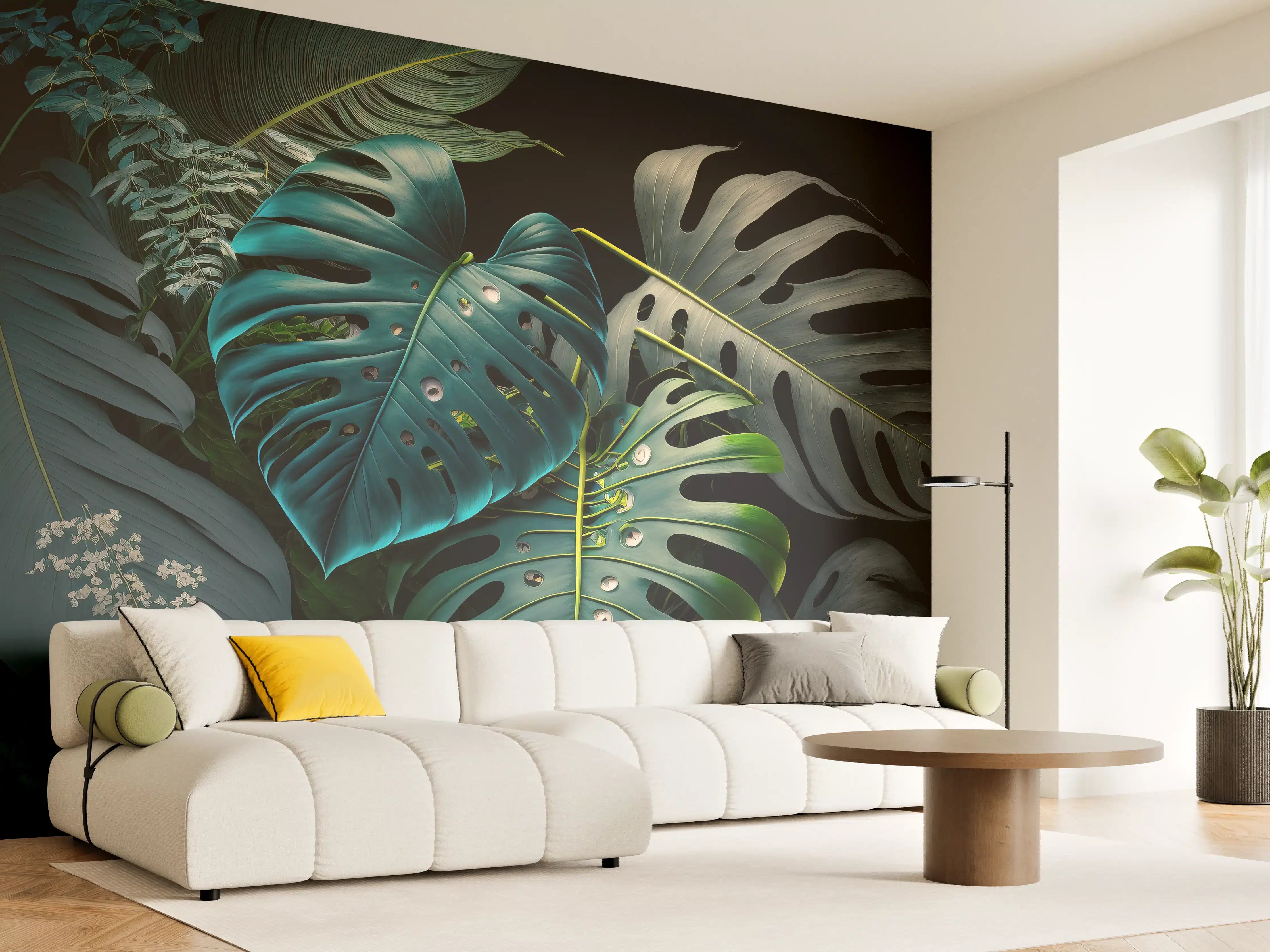 Wandverkleidung Wohnzimmer - Dschungel-Feeling: Monstera und exotische Blätter