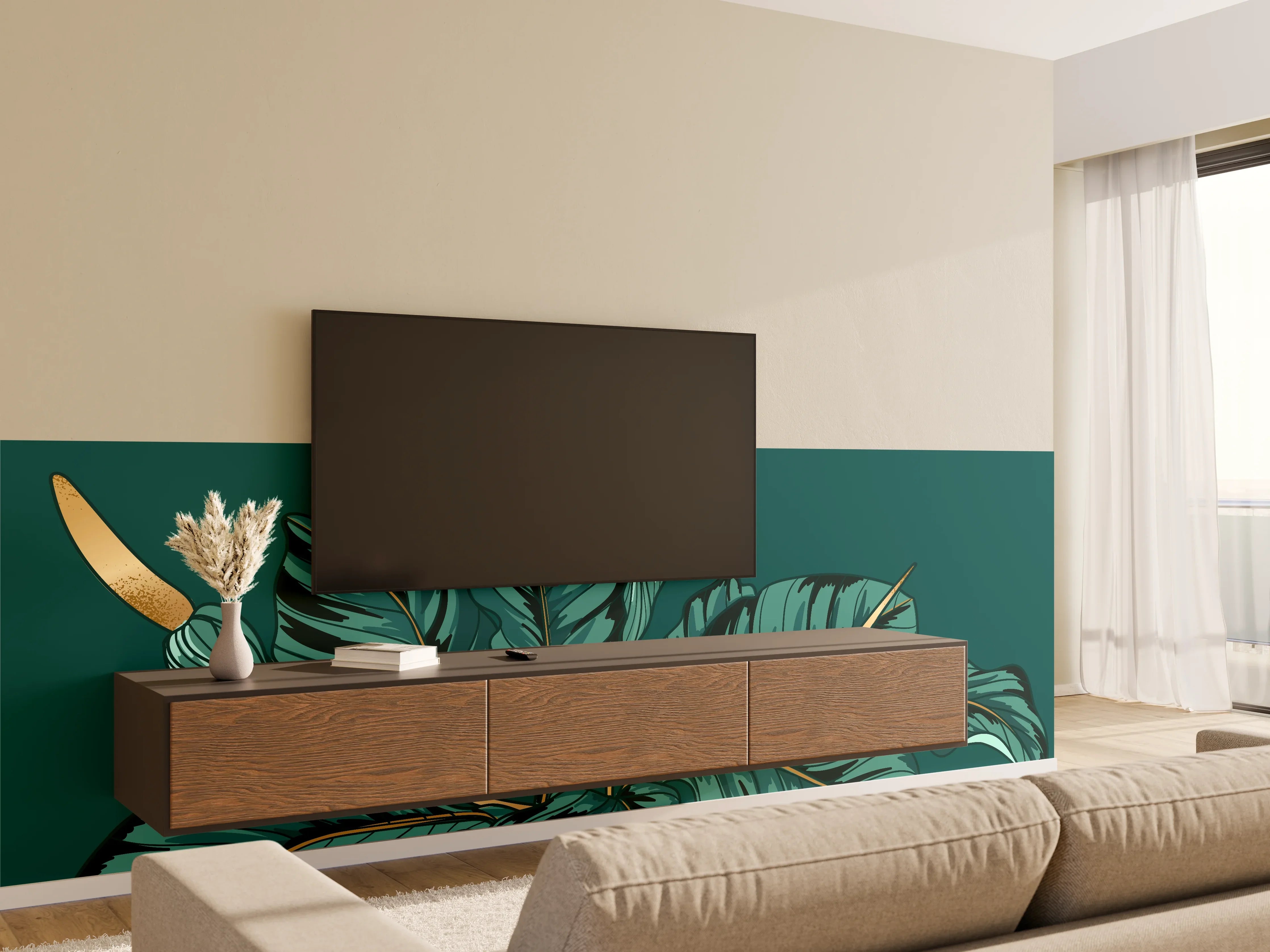 Wandverkleidung Wohnzimmer - Dschungel-Grün-Blatt-Design