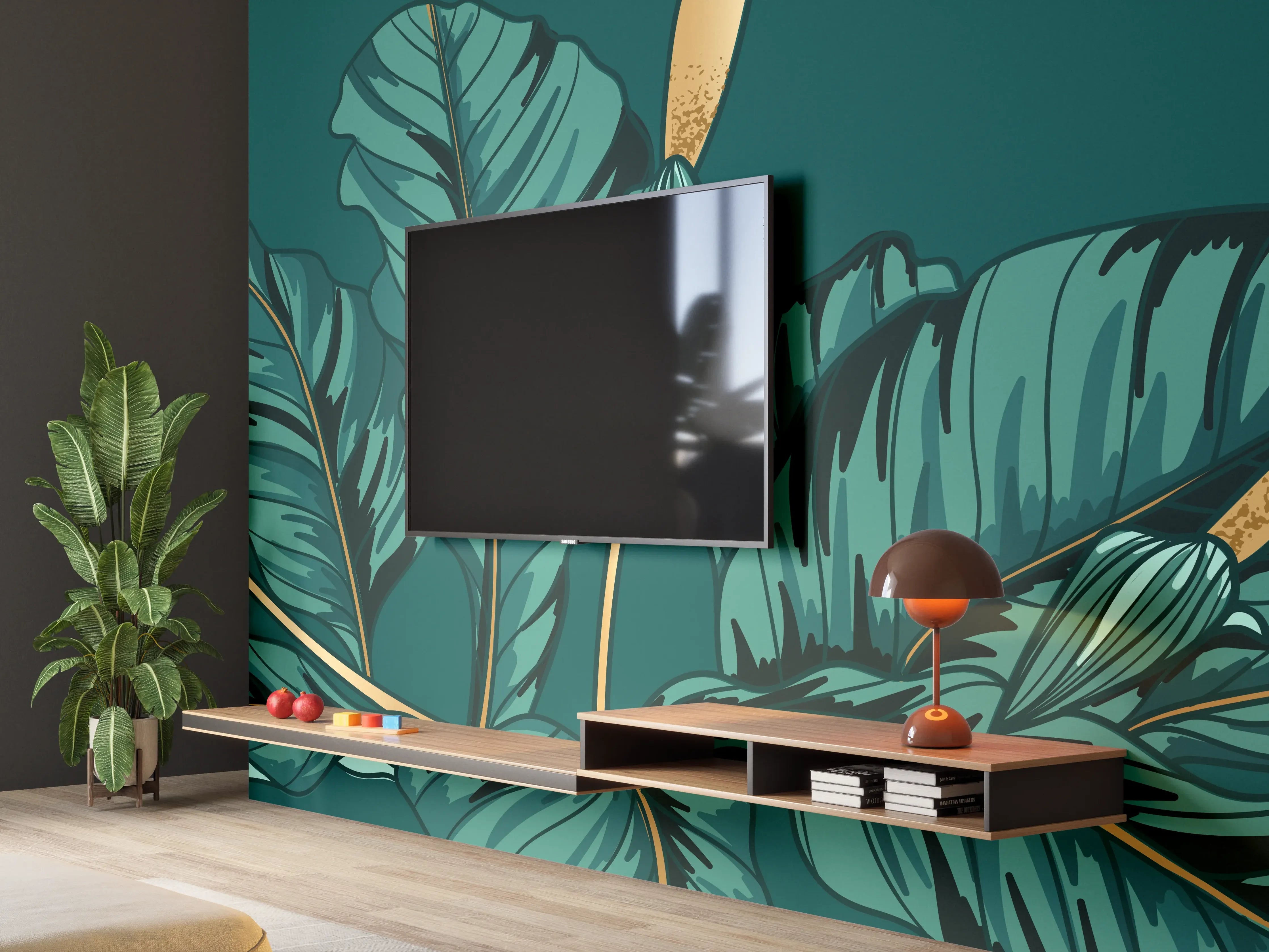 Wandverkleidung Wohnzimmer - Dschungel-Grün-Blatt-Design