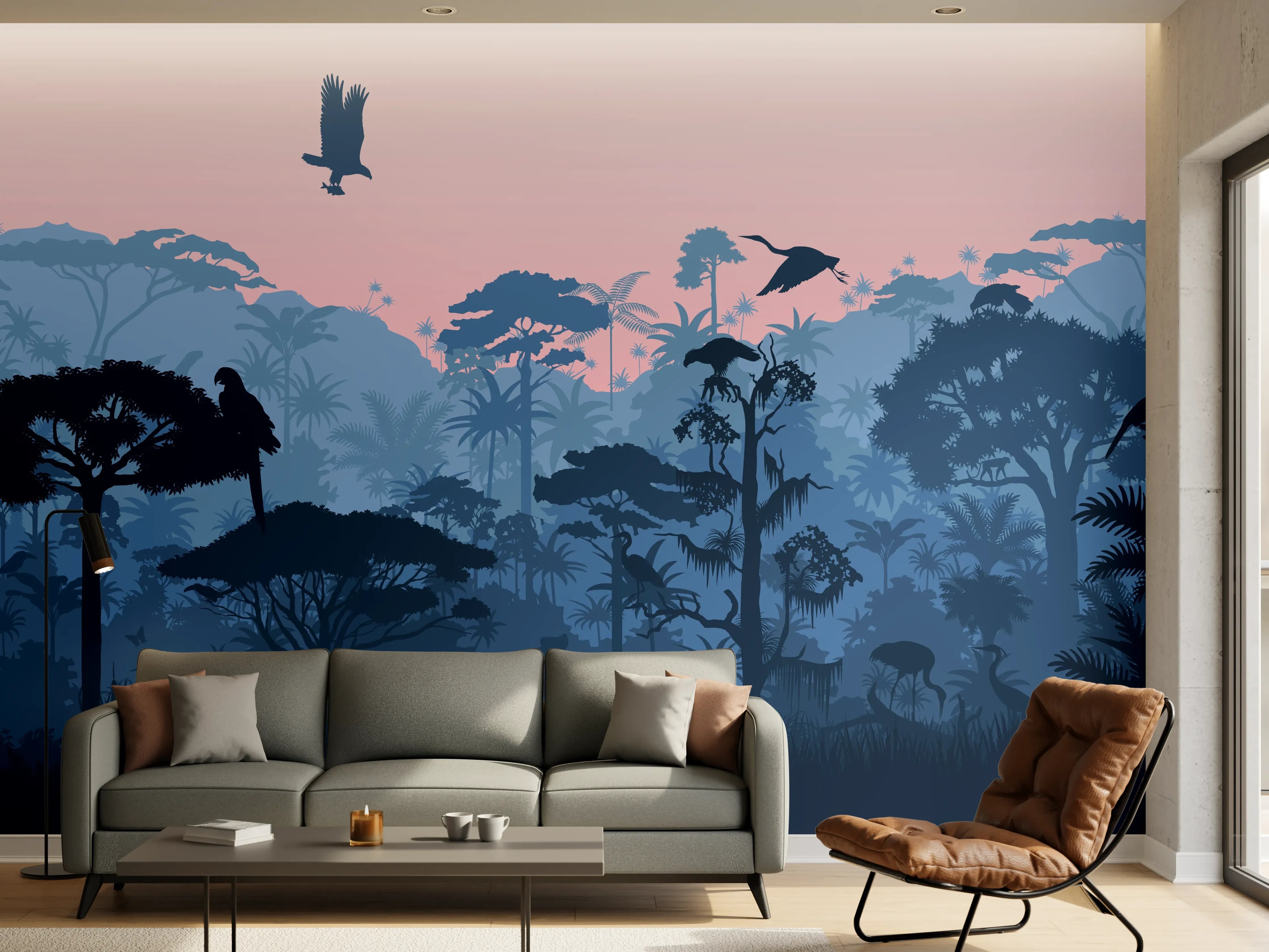 Wandverkleidung Wohnzimmer - Dschungel Silhouette bei Dämmerung