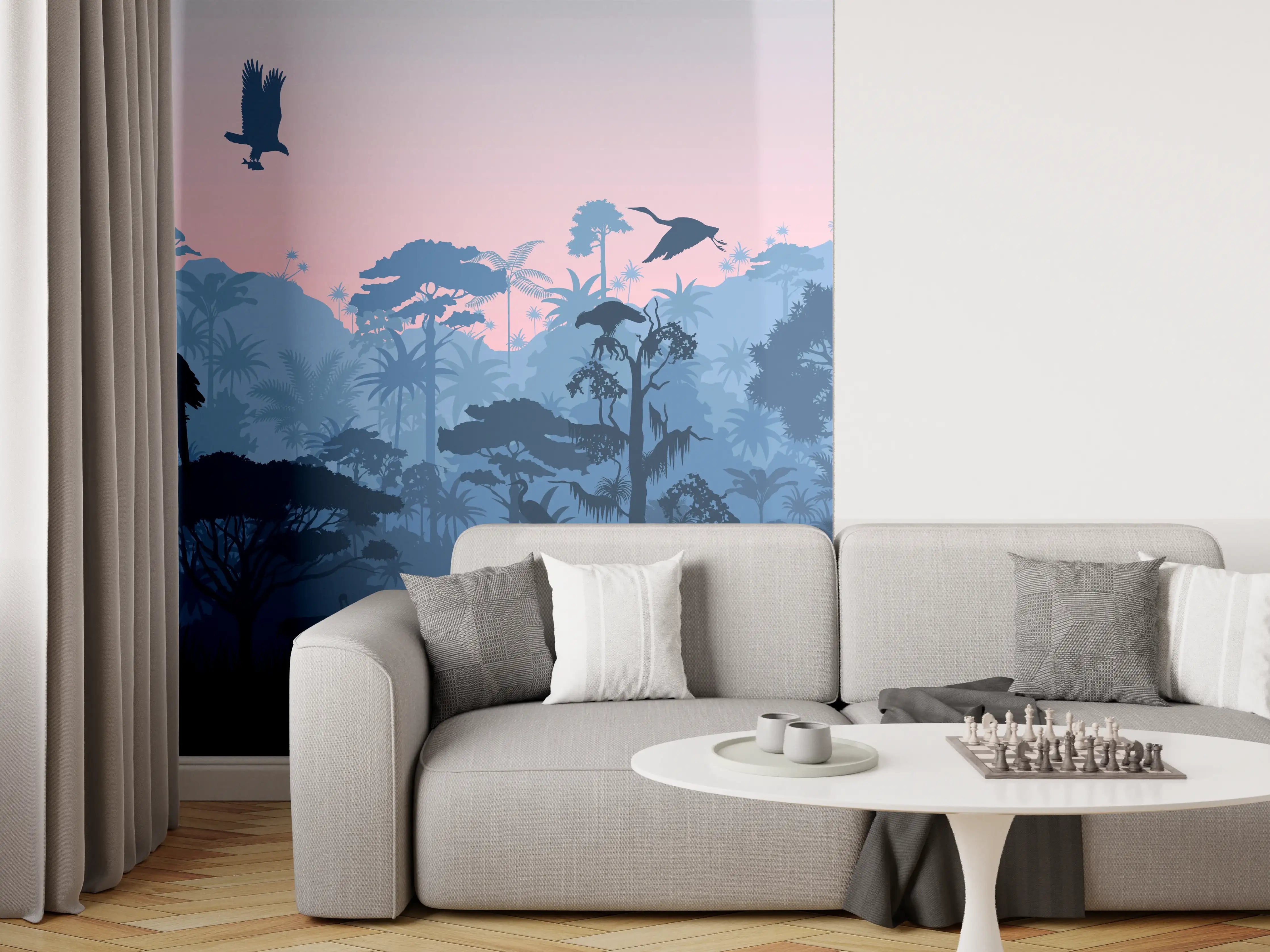 Wandverkleidung Wohnzimmer - Dschungel Silhouette bei Dämmerung