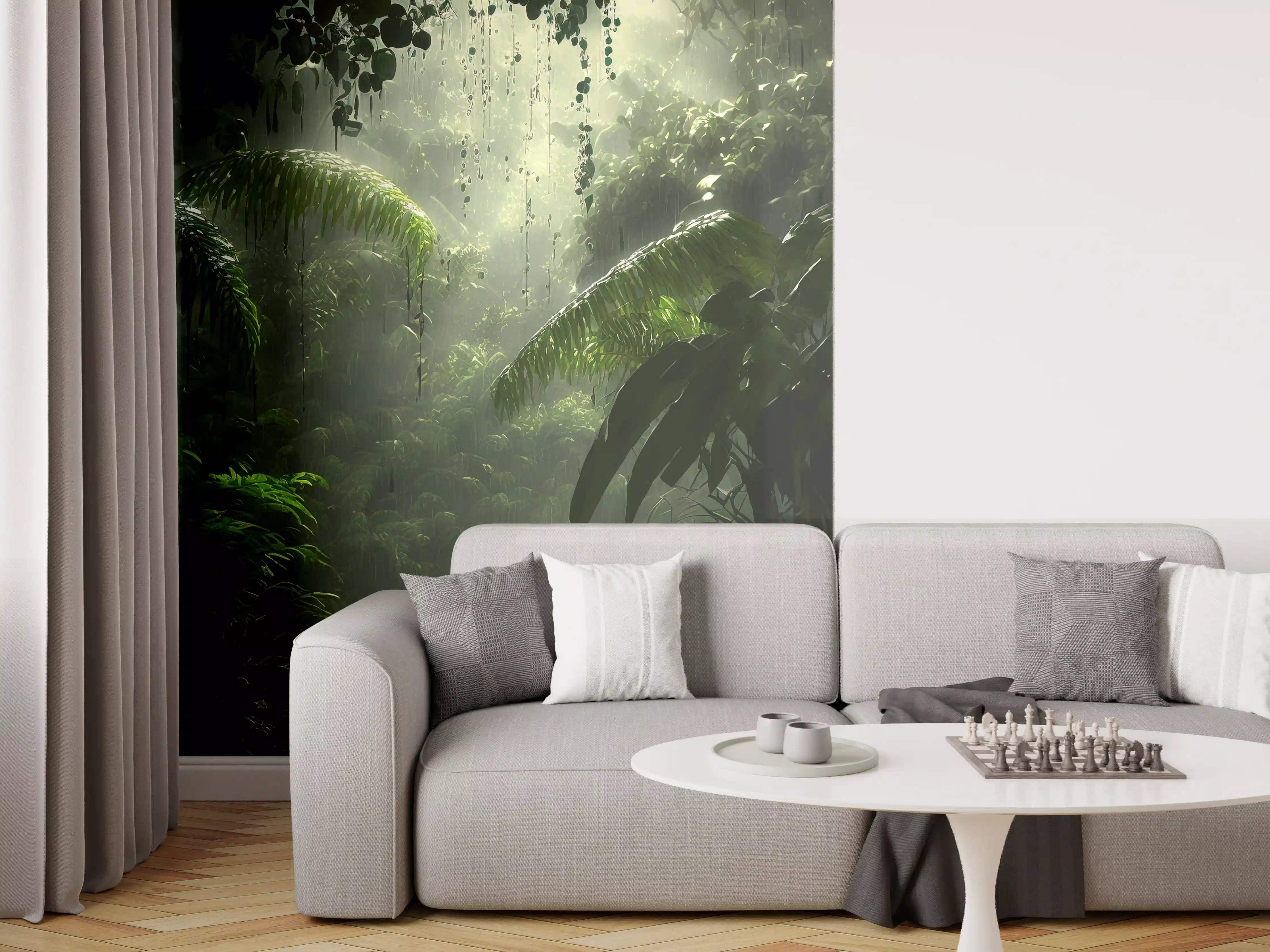 Wandverkleidung Wohnzimmer - Dschungelpanorama mit Sonnenlicht