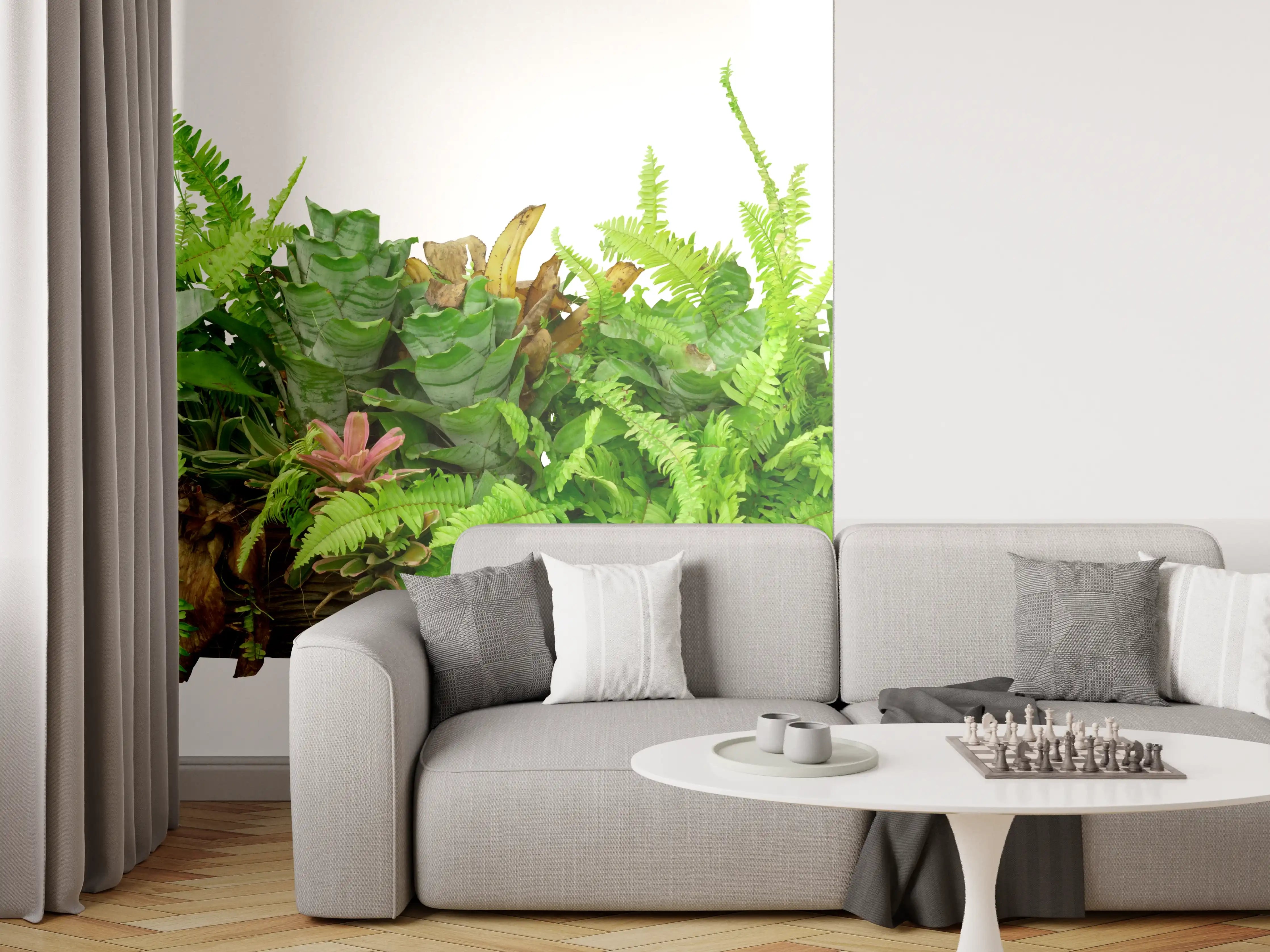 Wandverkleidung Wohnzimmer - Dschungelpflanzen auf Holzstamm