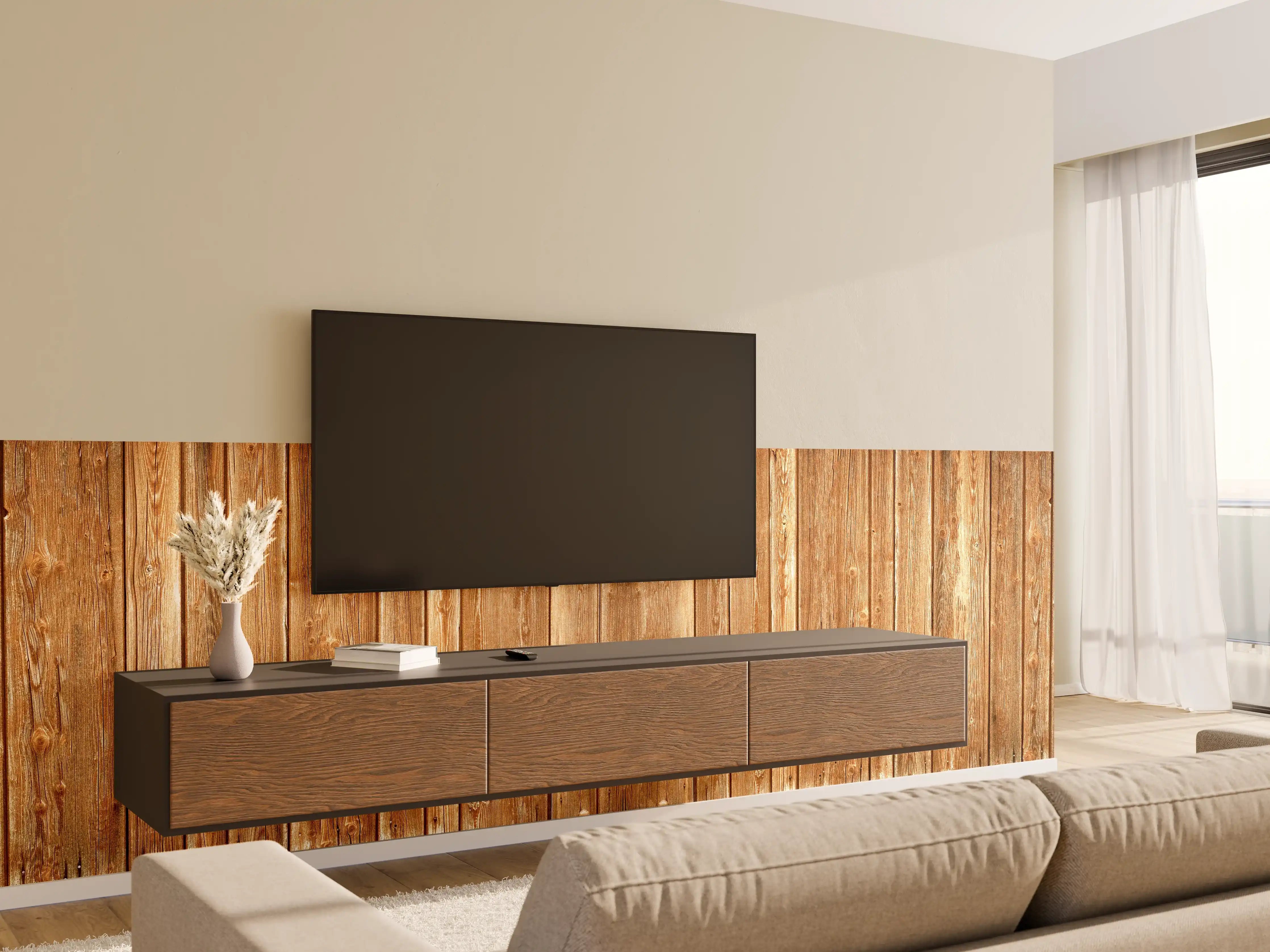 Wandverkleidung Wohnzimmer - Dünne vertikale Holzplatten