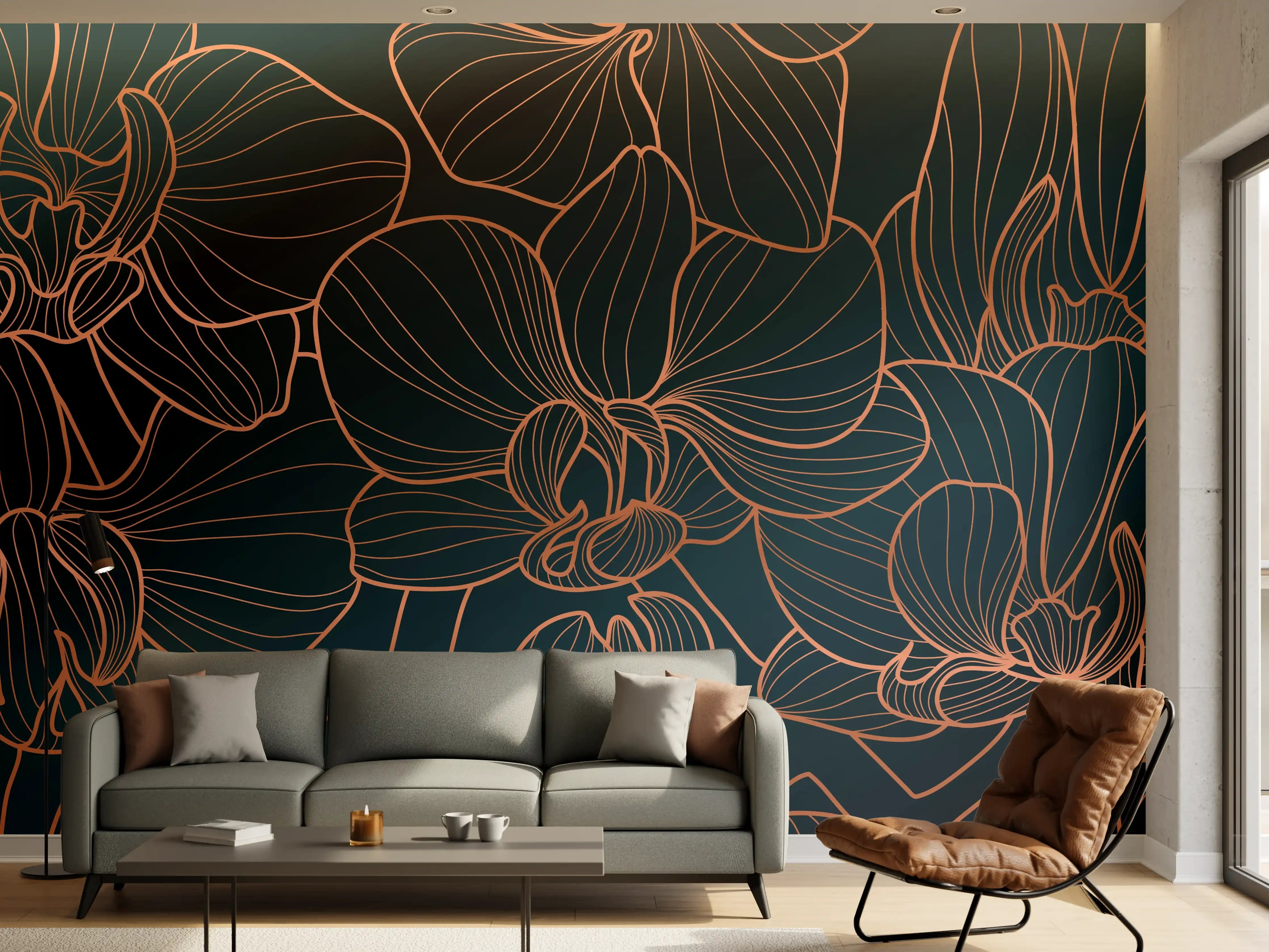 Wandverkleidung Wohnzimmer - Dunkelblaue Floral Linien Kunst