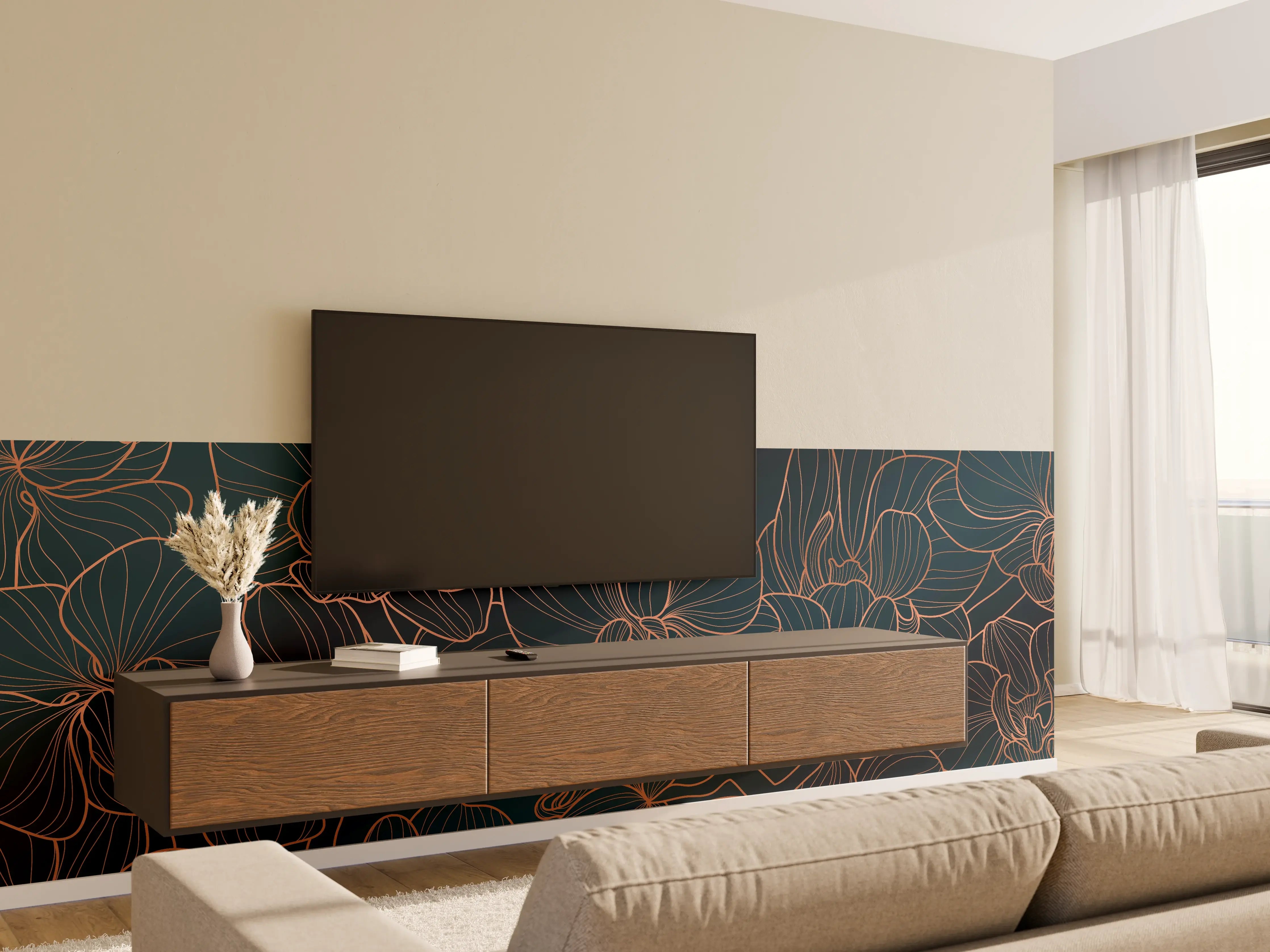 Wandverkleidung Wohnzimmer - Dunkelblaue Floral Linien Kunst