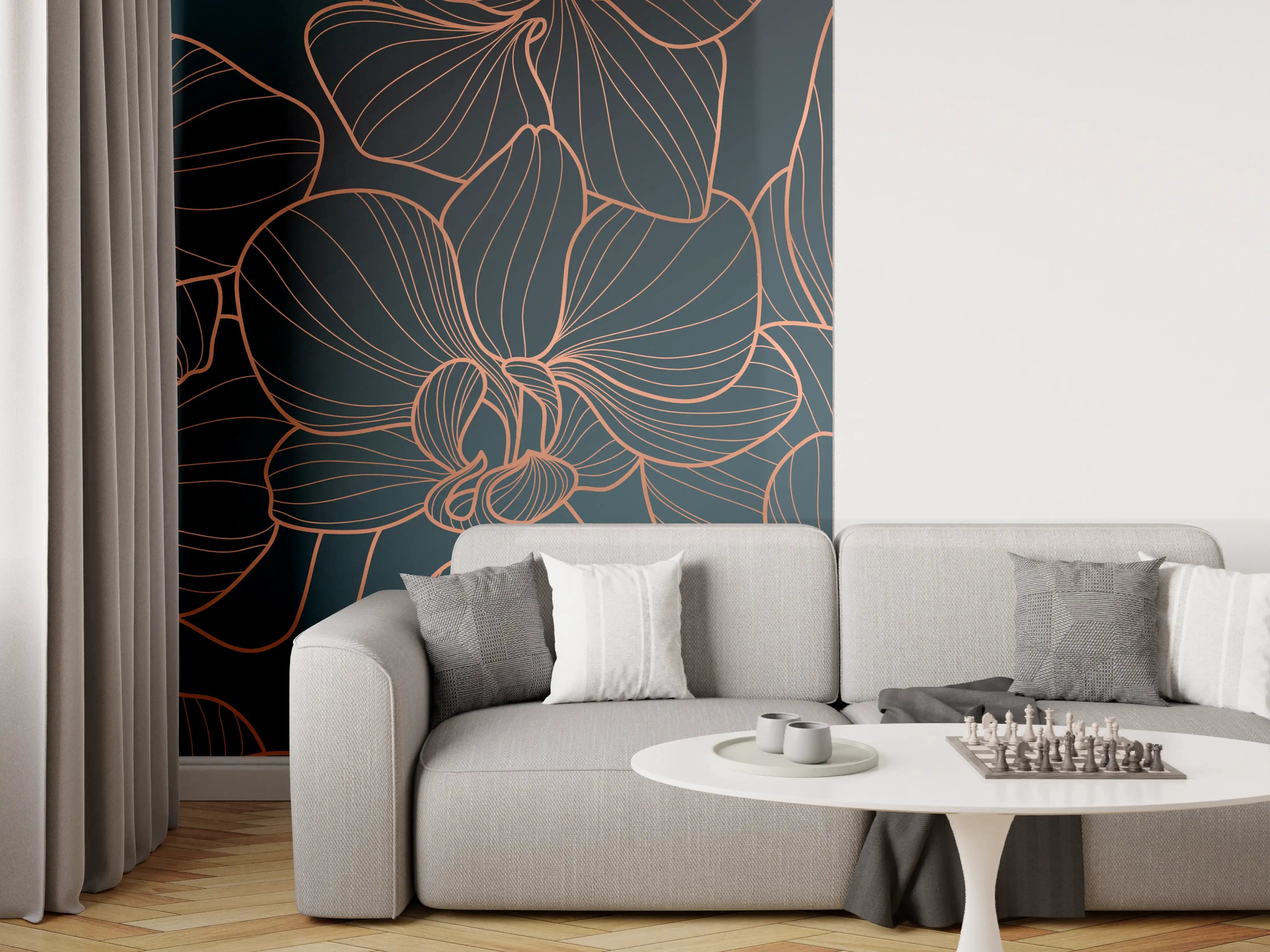 Wandverkleidung Wohnzimmer - Dunkelblaue Floral Linien Kunst