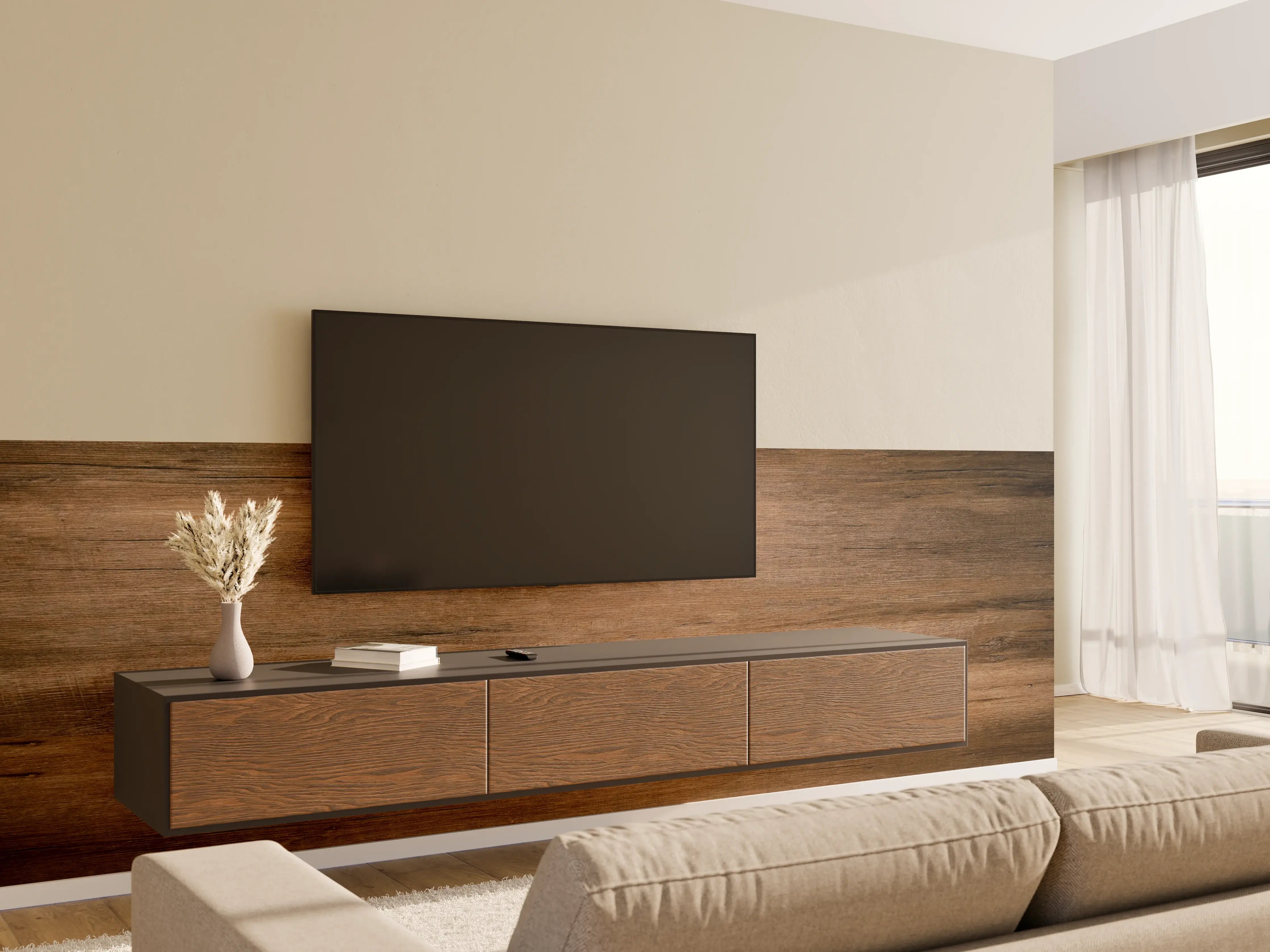 Wandverkleidung Wohnzimmer - Dunkelbraune Holzplatte
