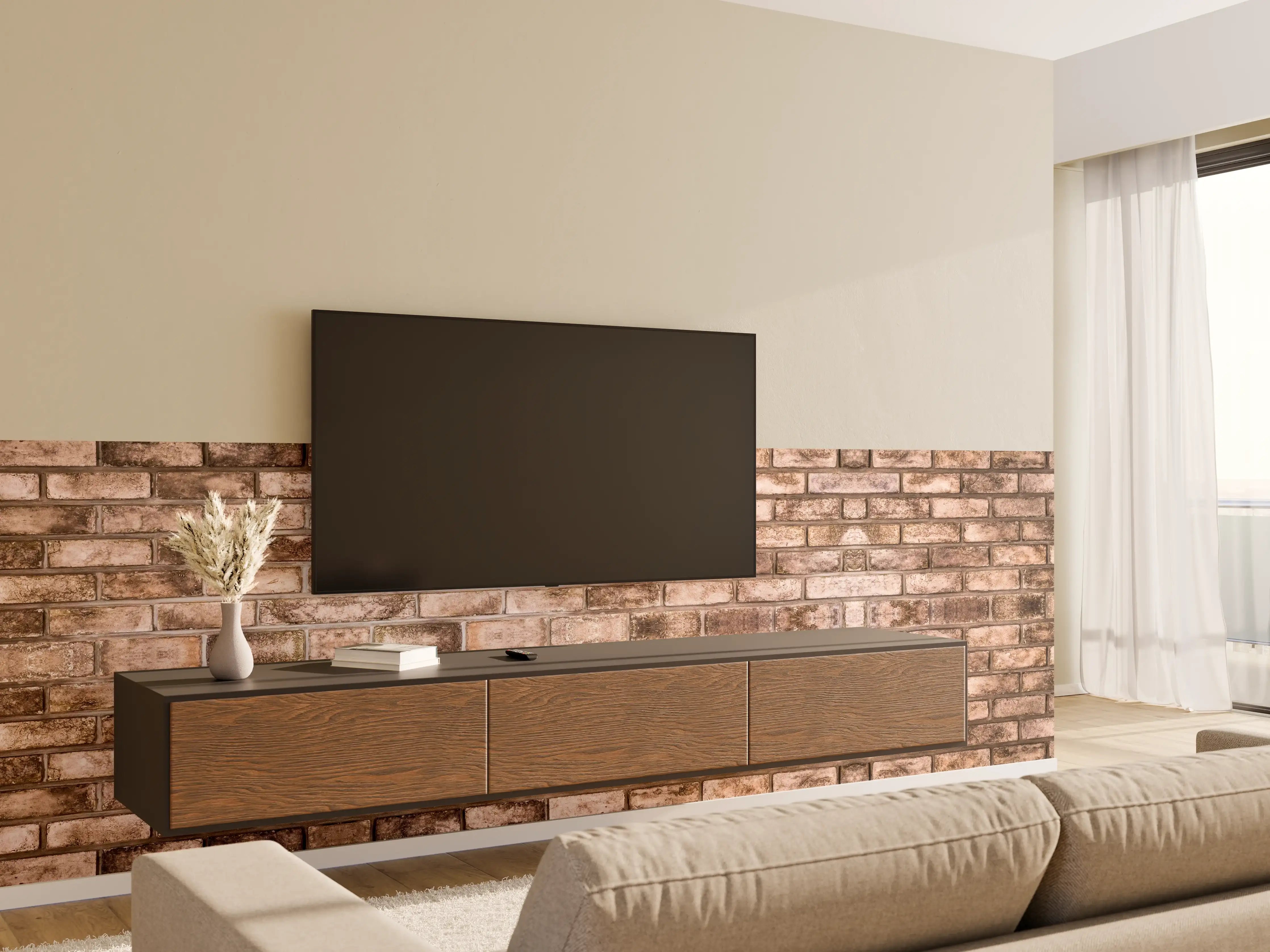 Wandverkleidung Wohnzimmer - Dunkelbraune Steinmauer