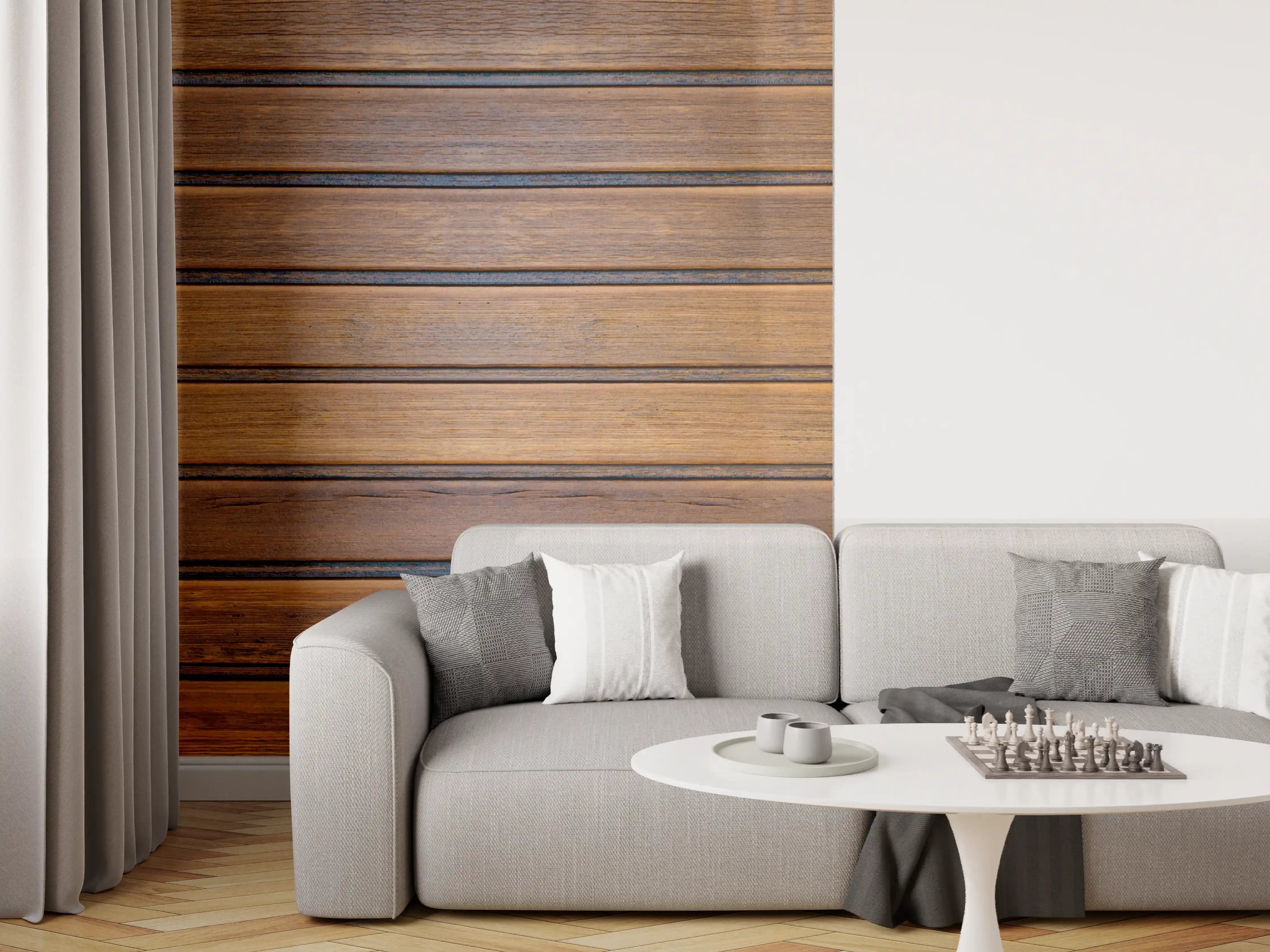 Wandverkleidung Wohnzimmer - Dunkelbraune glänzende Holztextur
