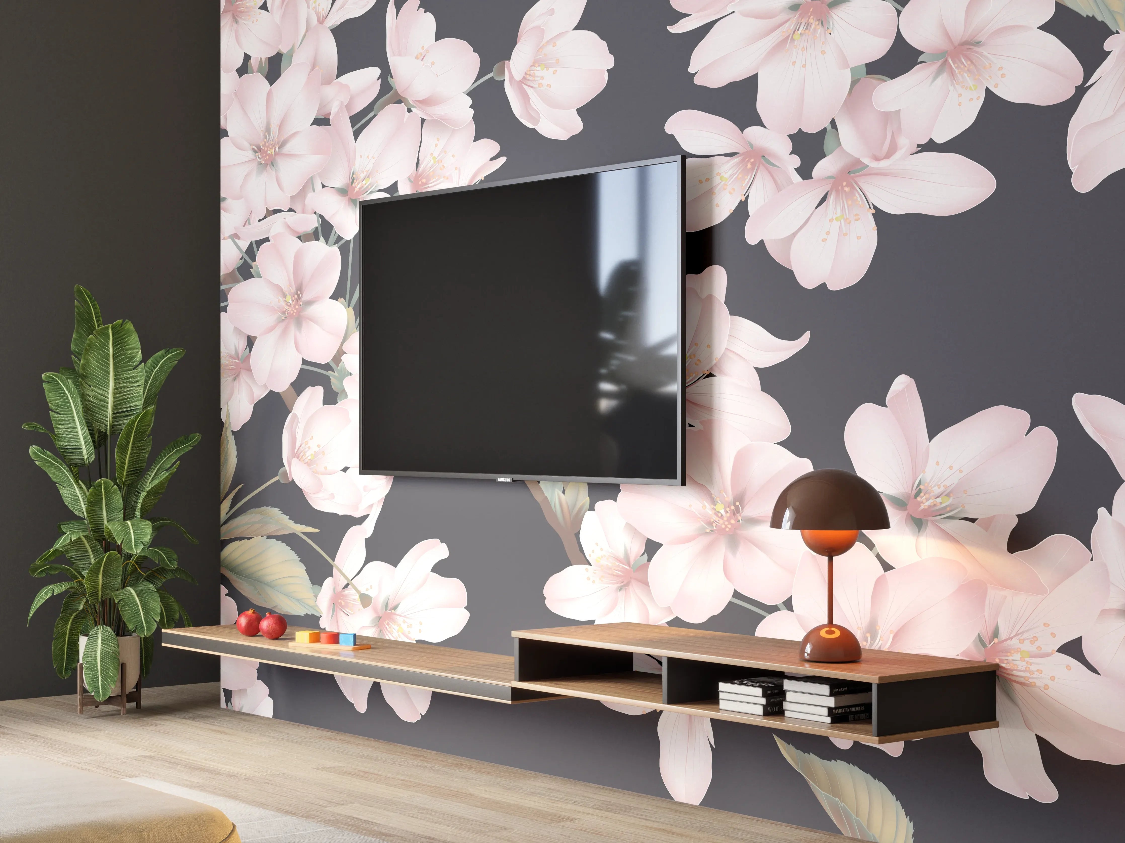 Wandverkleidung Wohnzimmer - Dunkelgrau-Sakura-Musterdesign