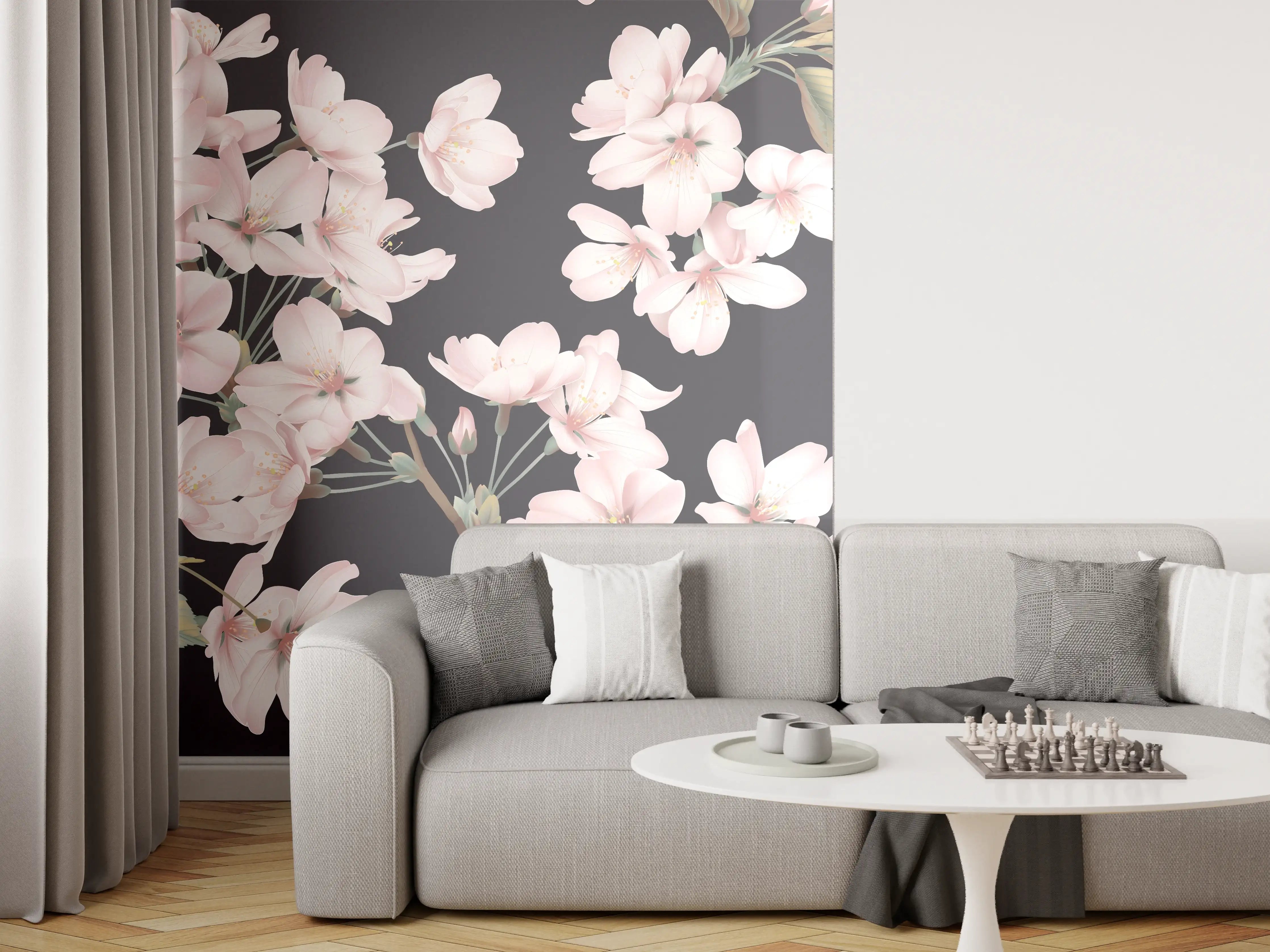 Wandverkleidung Wohnzimmer - Dunkelgrau-Sakura-Musterdesign