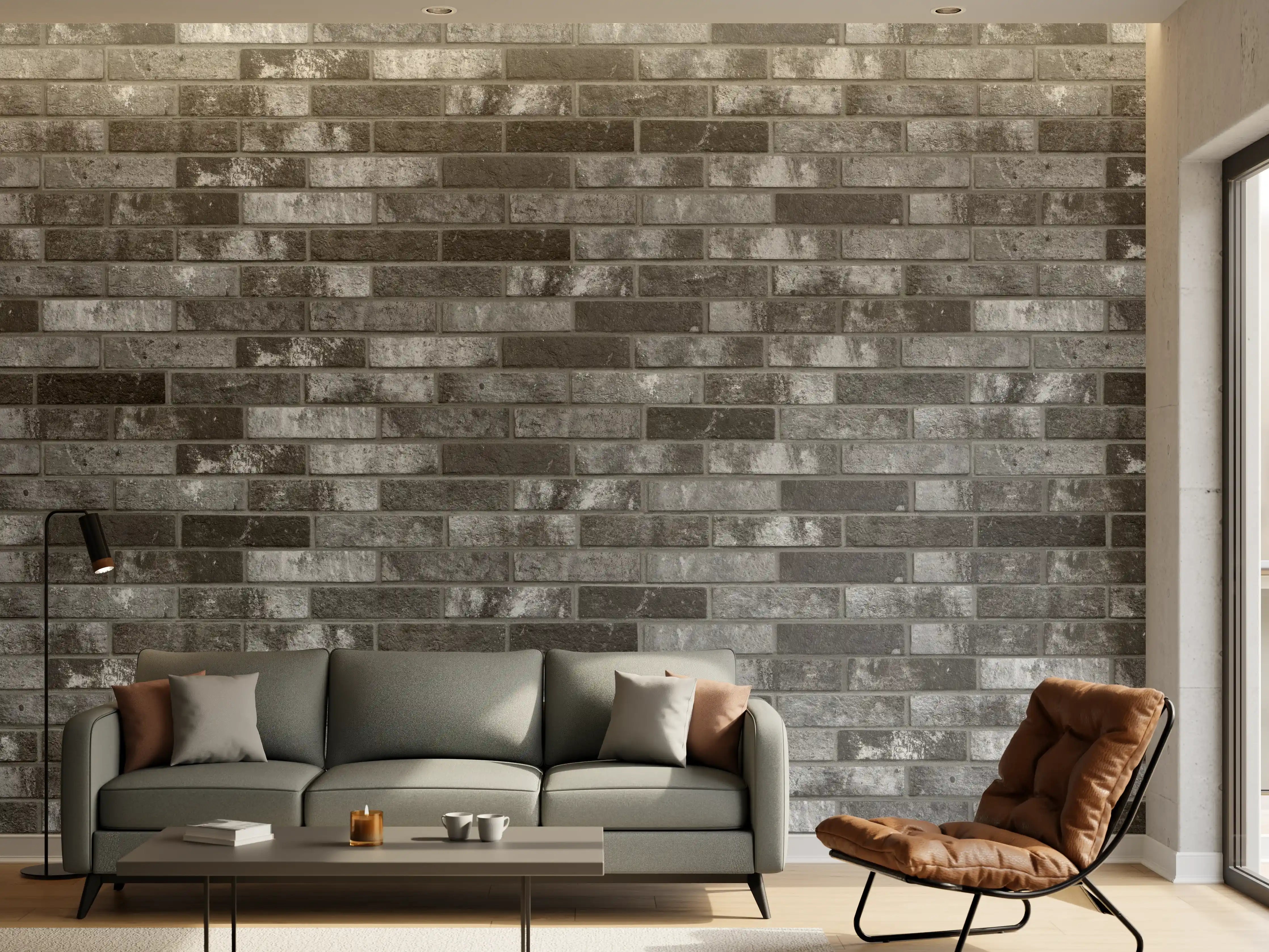 Wandverkleidung Wohnzimmer - Dunkelgraue Backsteinmauer