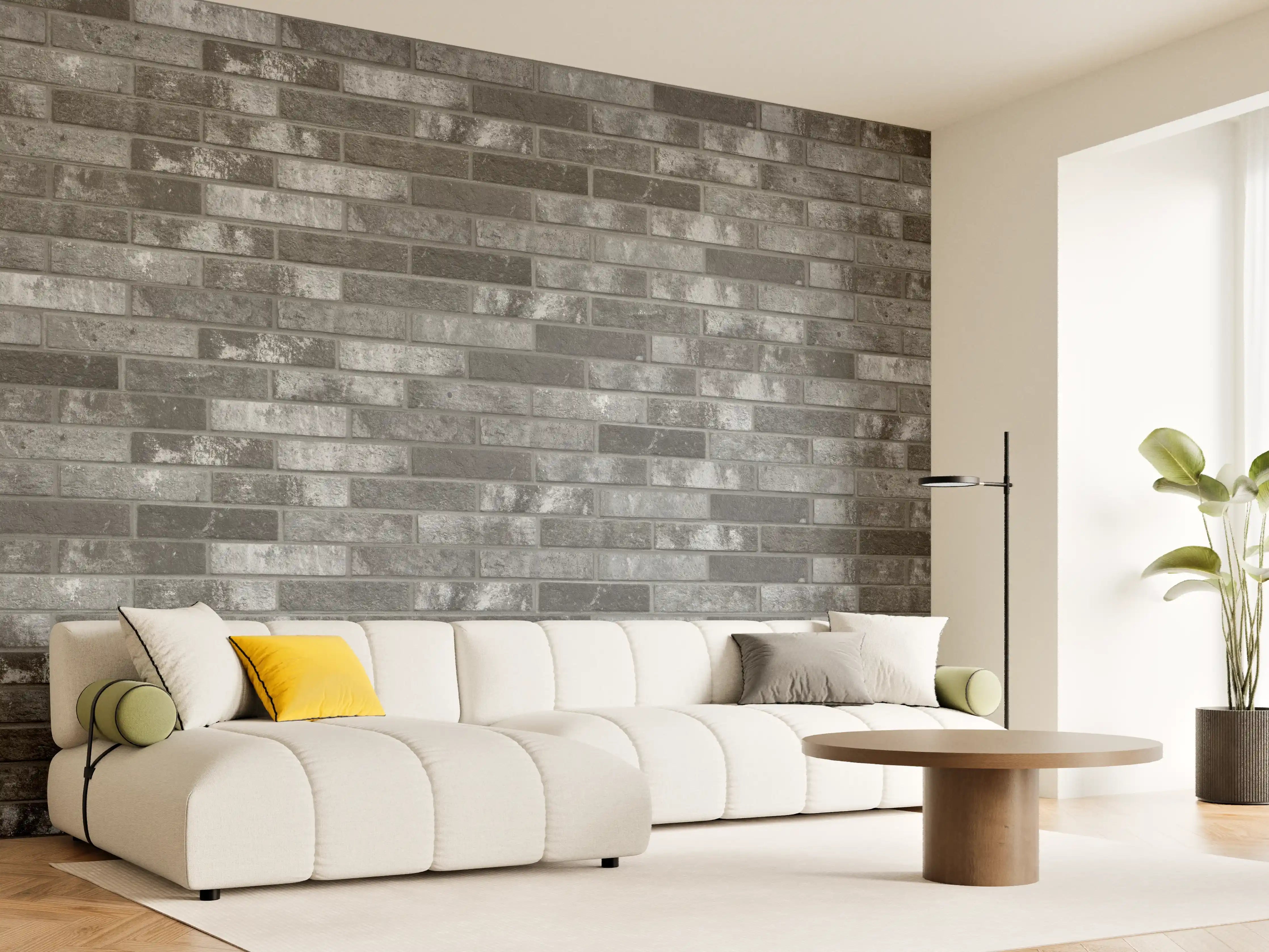 Wandverkleidung Wohnzimmer - Dunkelgraue Backsteinmauer