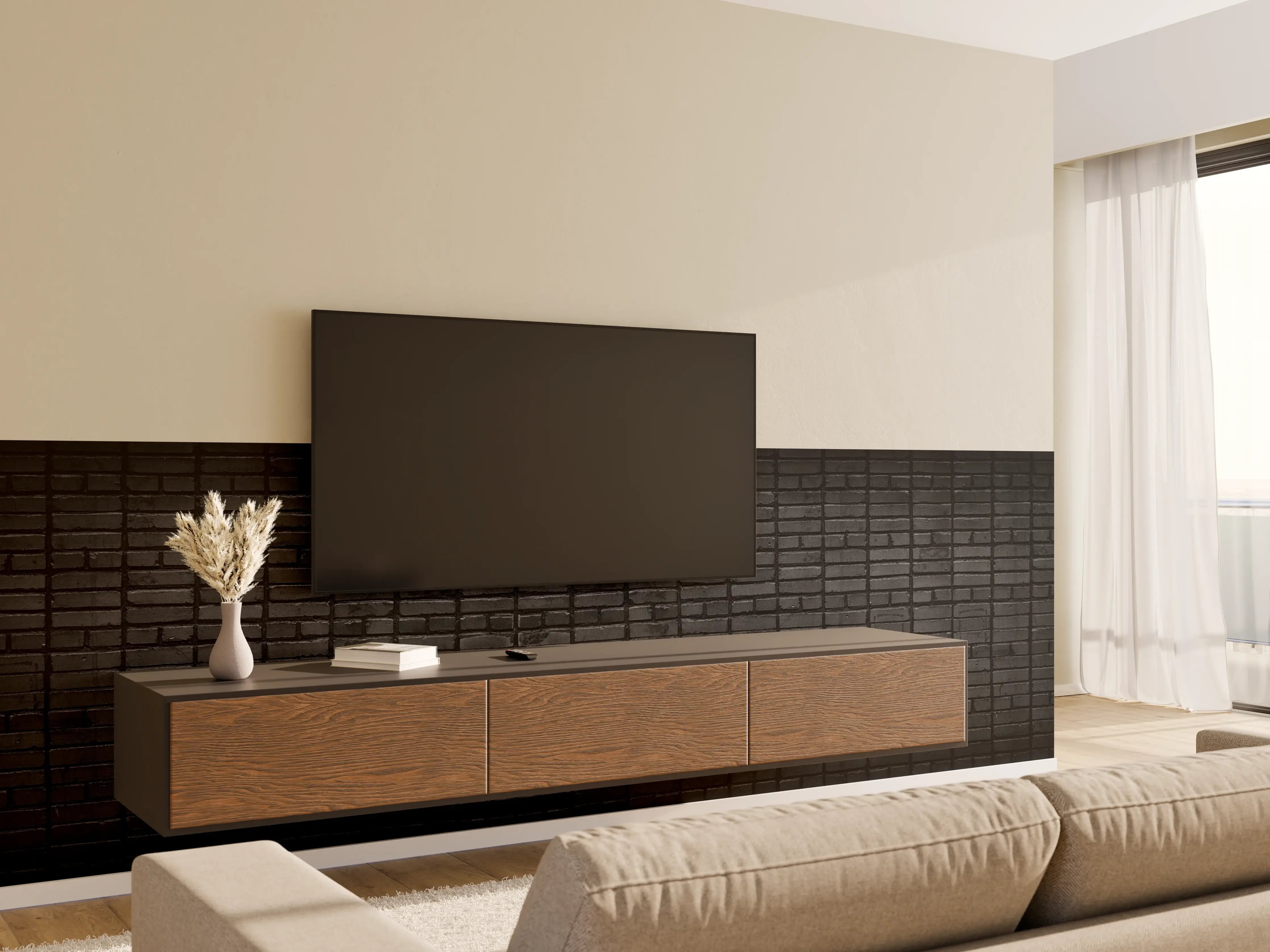 Wandverkleidung Wohnzimmer - Dunkelgraue Panorama Mauerwerk