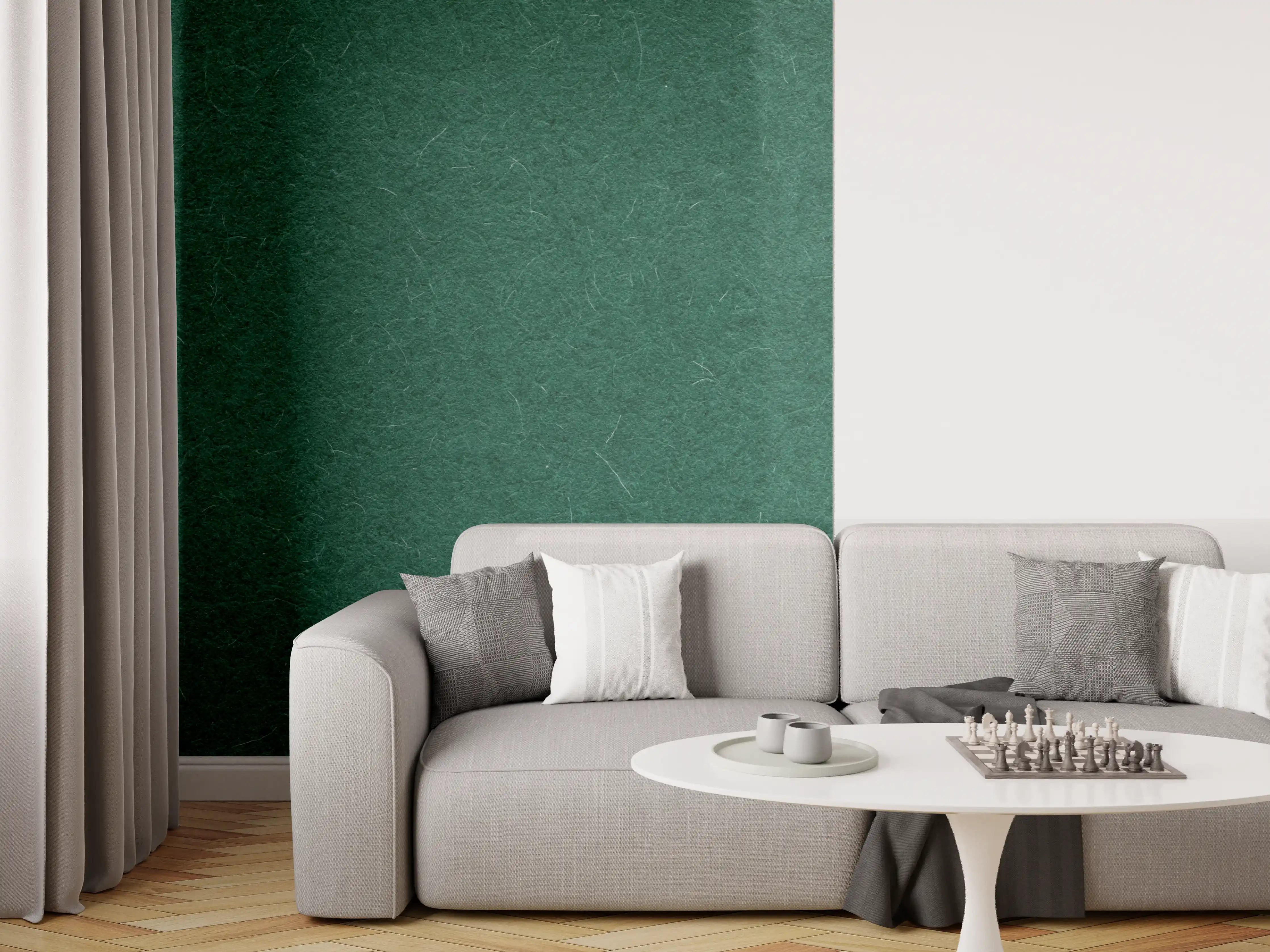 Wandverkleidung Wohnzimmer - Dunkelgrüner Filzstoff