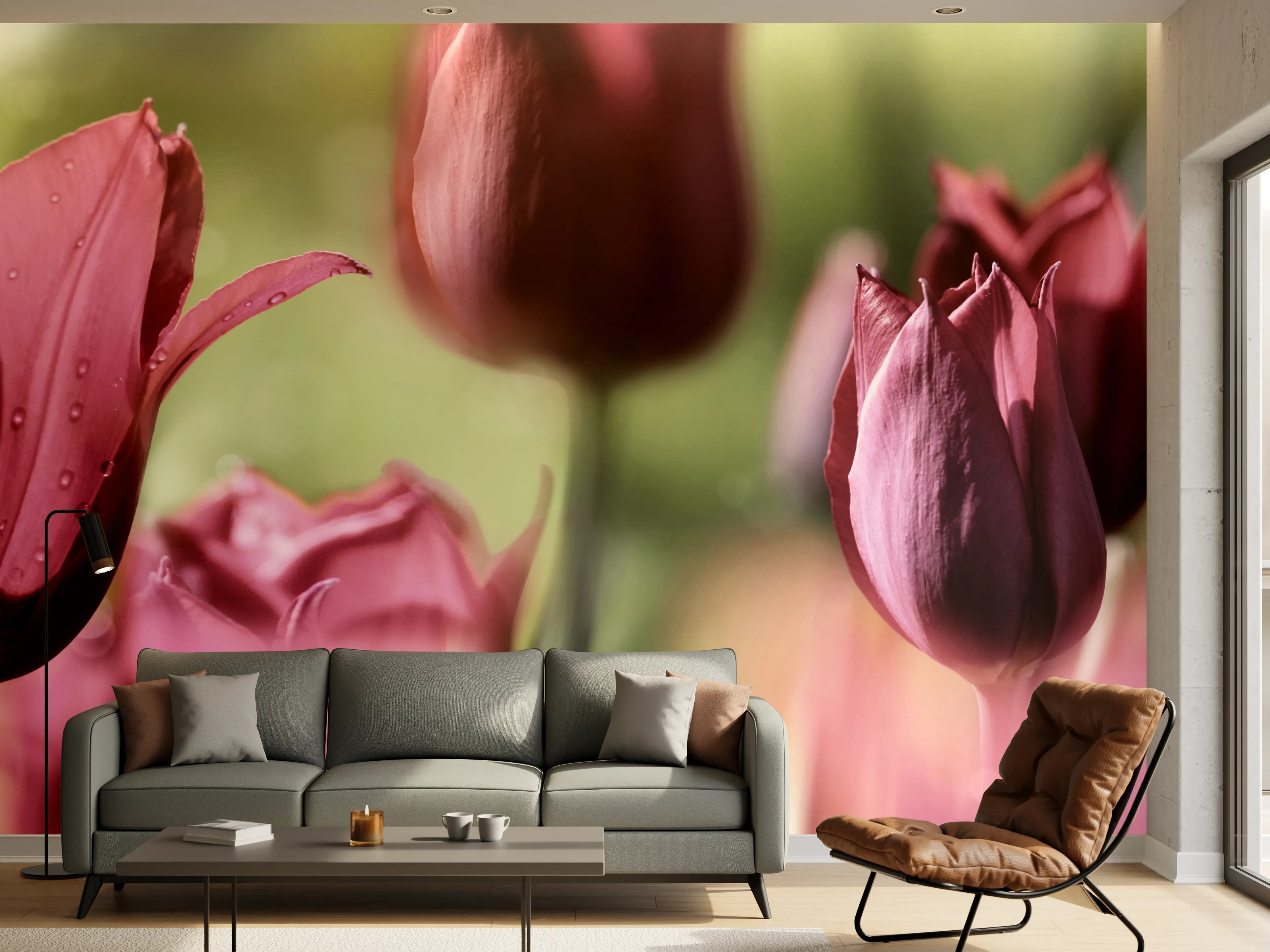Wandverkleidung Wohnzimmer - Dunkelrosa Tulpen