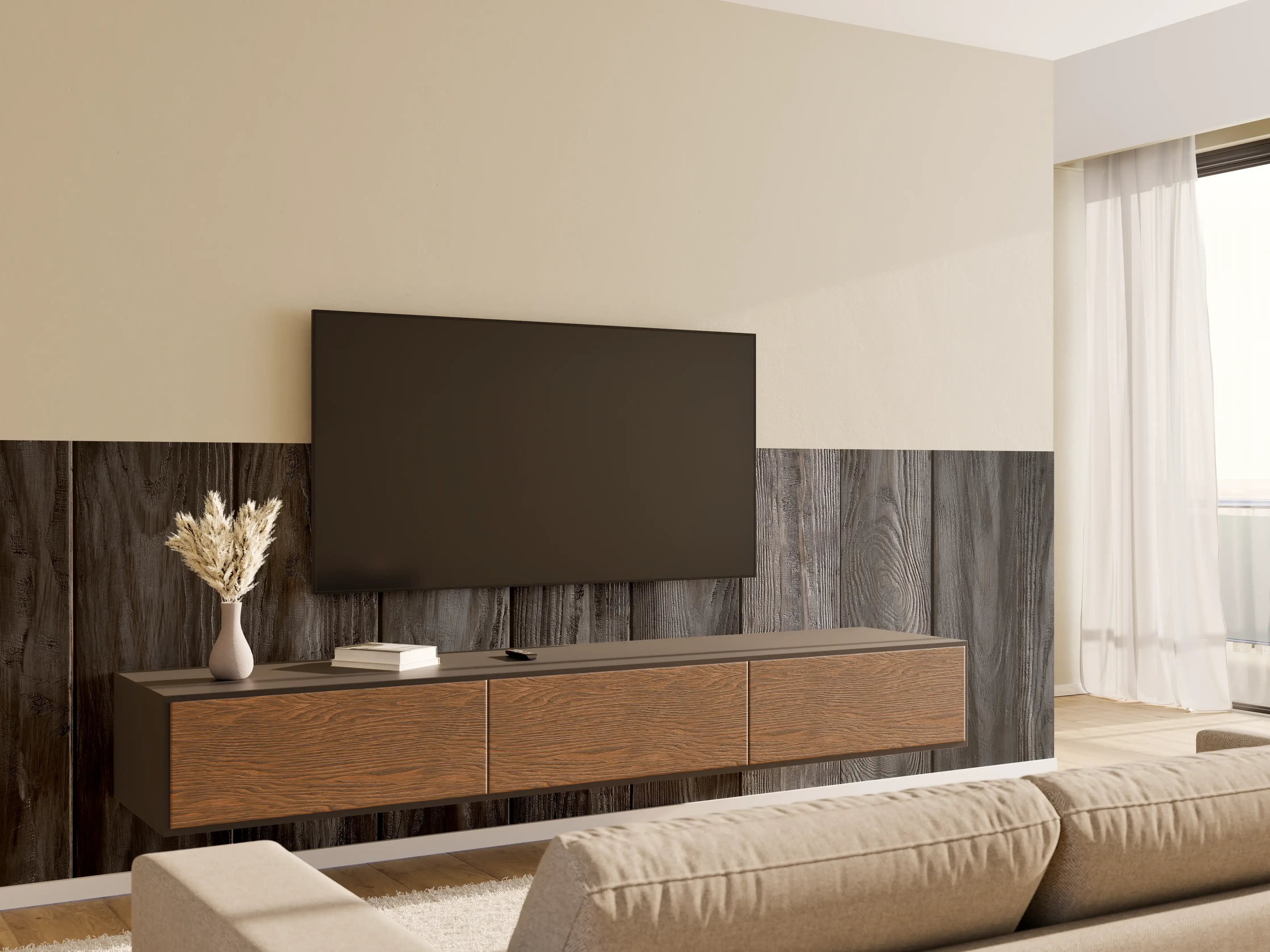 Wandverkleidung Wohnzimmer - Dunkle Holzlamellen Wandgestaltung