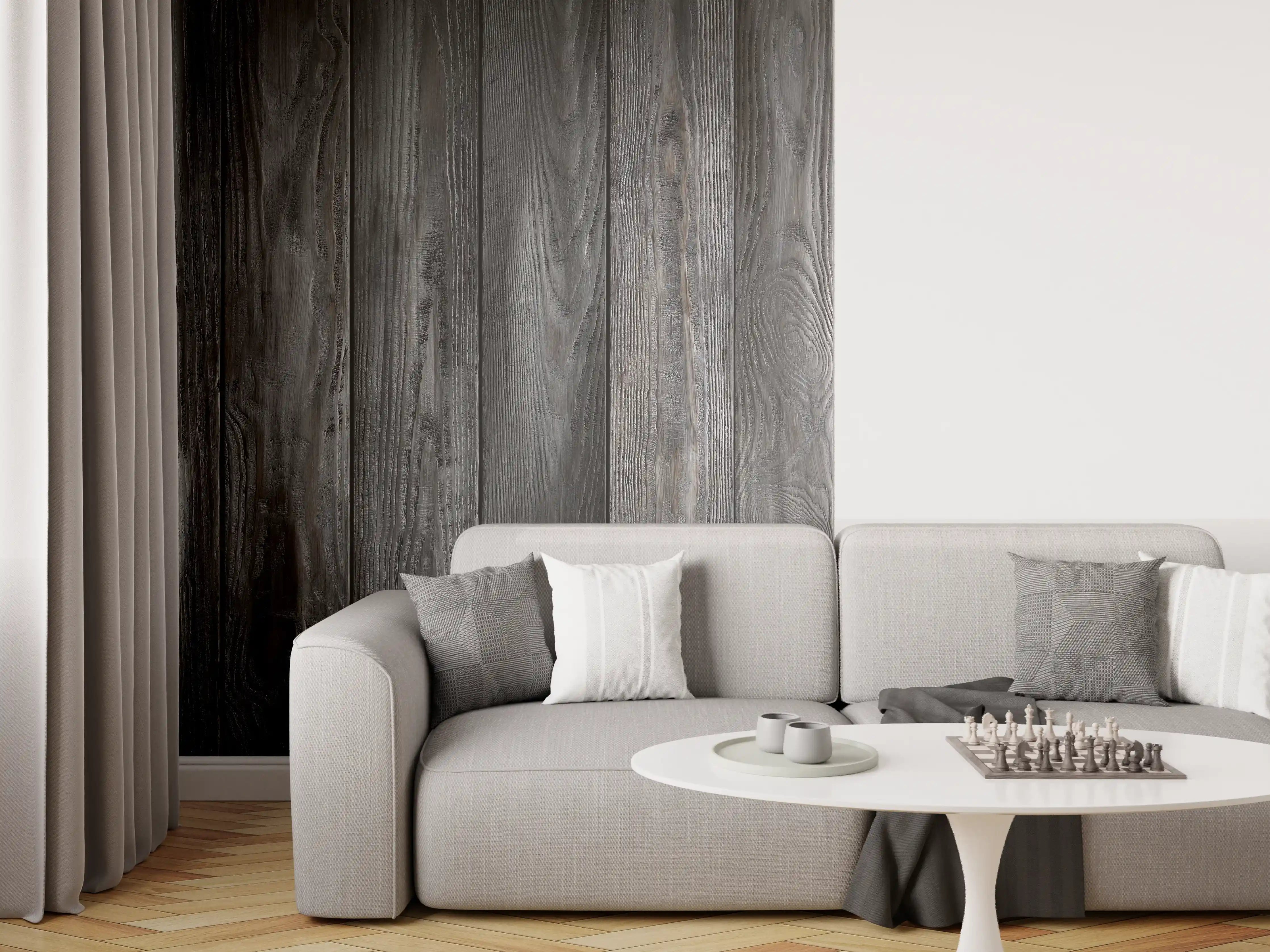 Wandverkleidung Wohnzimmer - Dunkle Holzlamellen Wandgestaltung