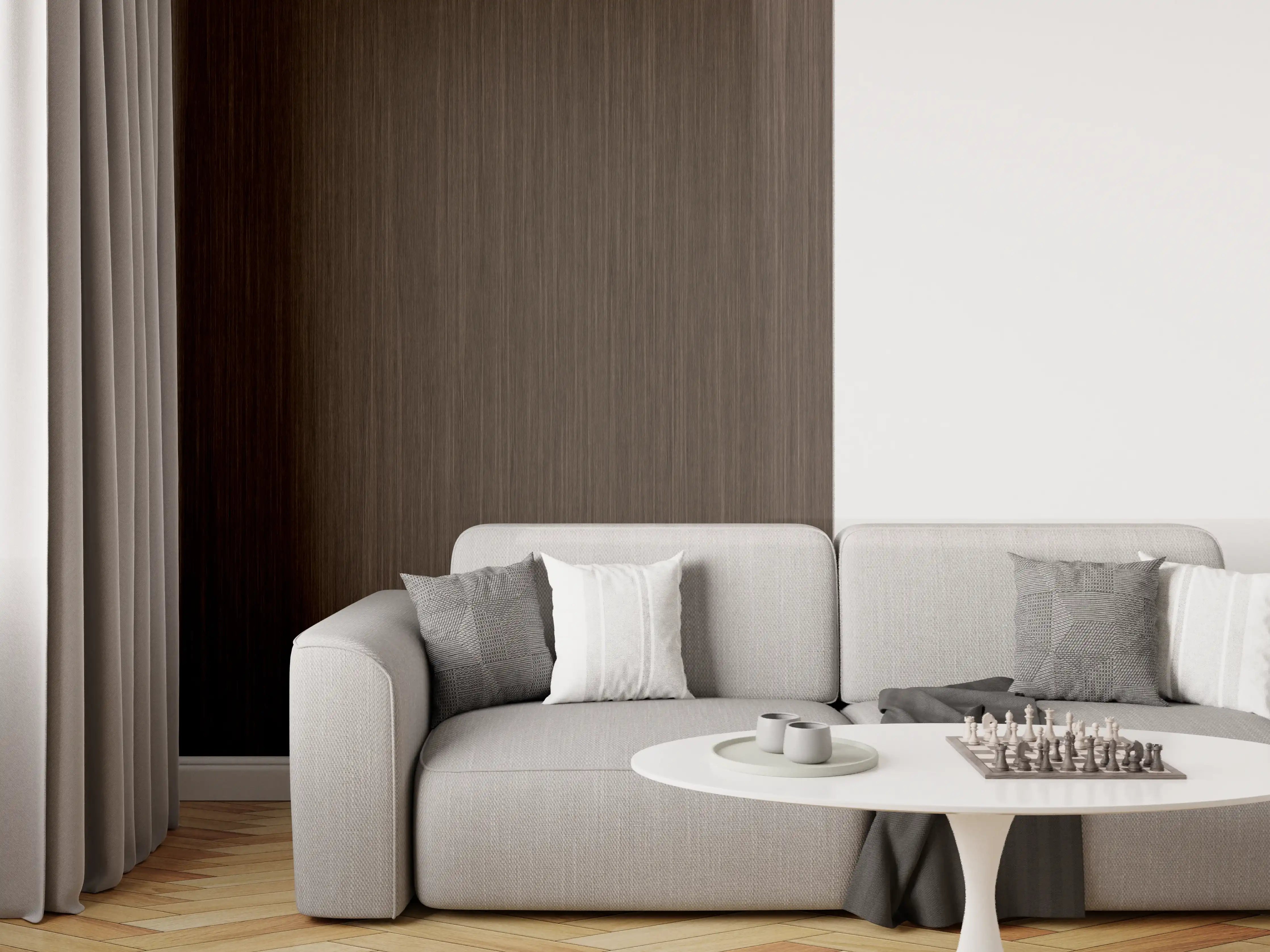 Wandverkleidung Wohnzimmer - Dunkle Holzmaserung als eleganter Bodenbelag