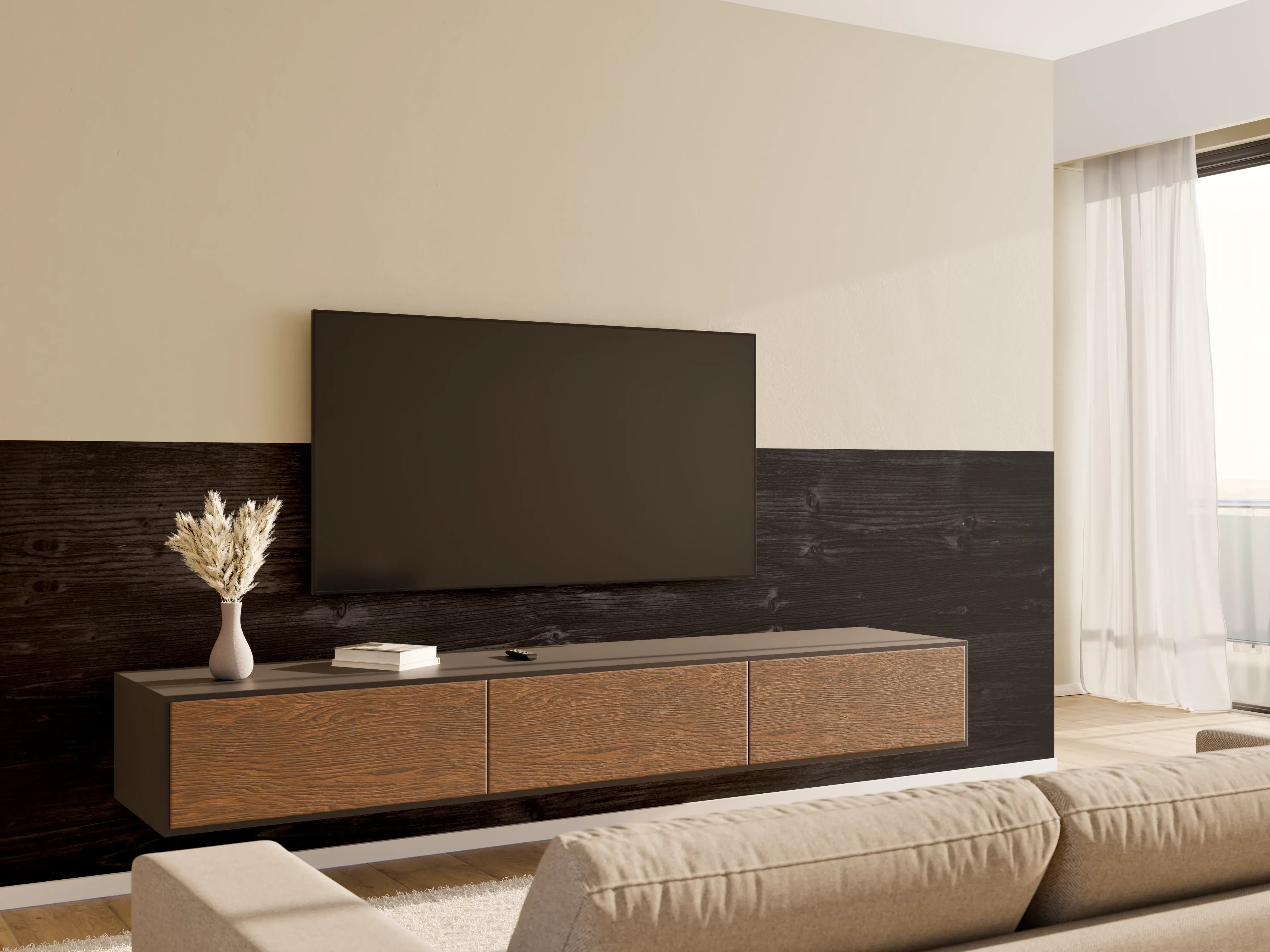 Wandverkleidung Wohnzimmer - Dunkle Holztextur - Edle Wandgestaltung