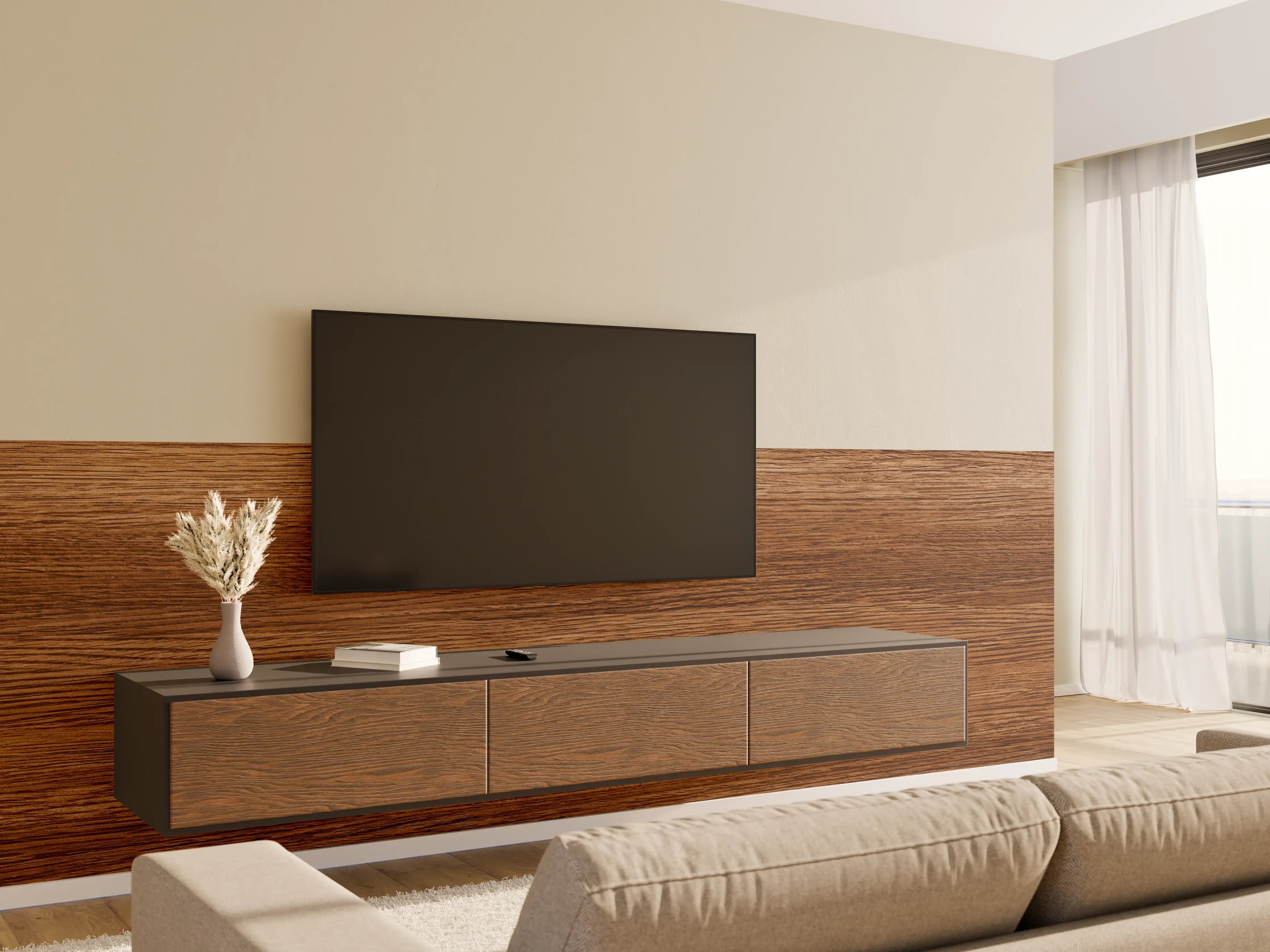 Wandverkleidung Wohnzimmer - Dunkle Holzwand mit Streifenmuster