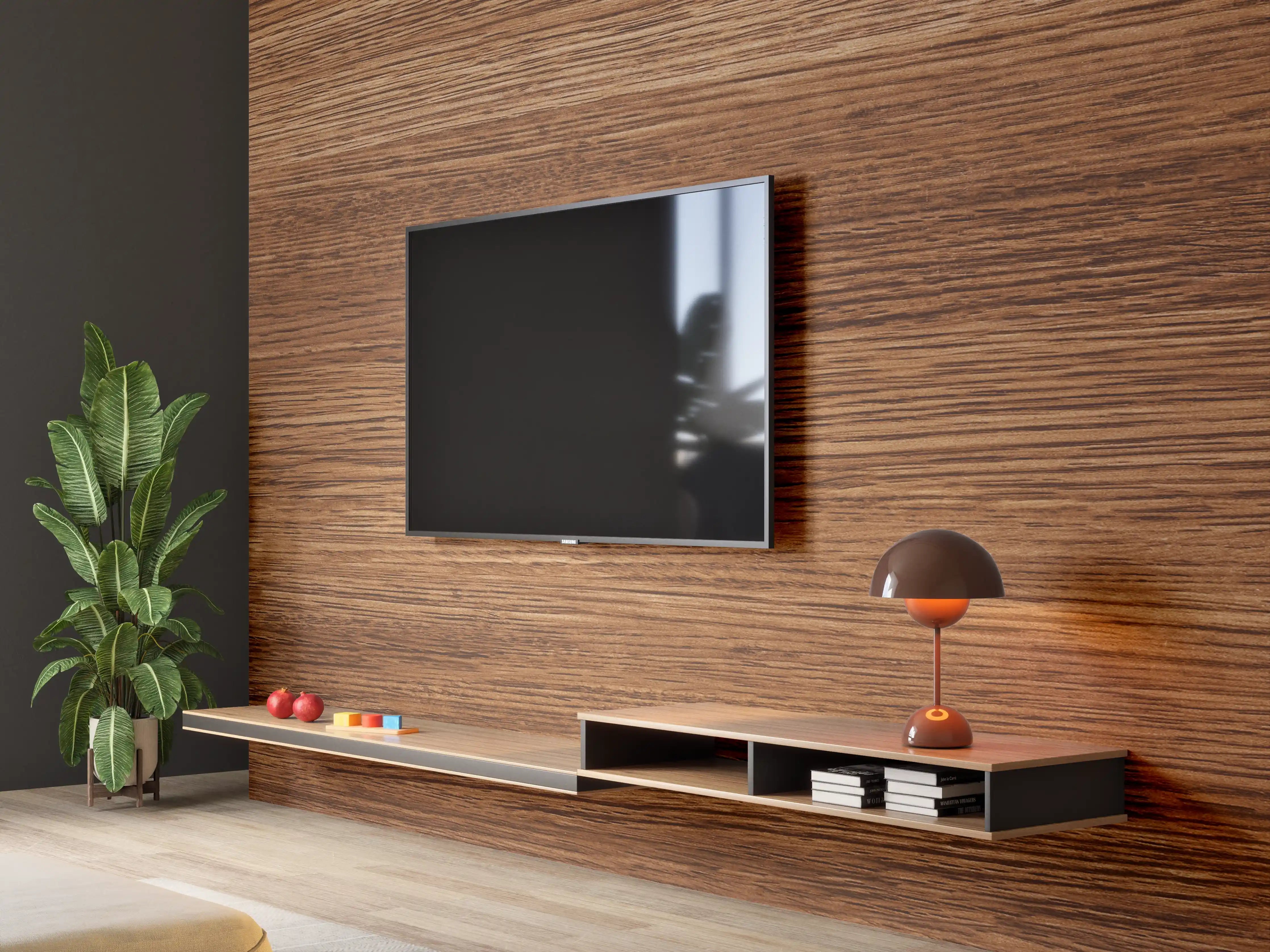 Wandverkleidung Wohnzimmer - Dunkle Holzwand mit Streifenmuster