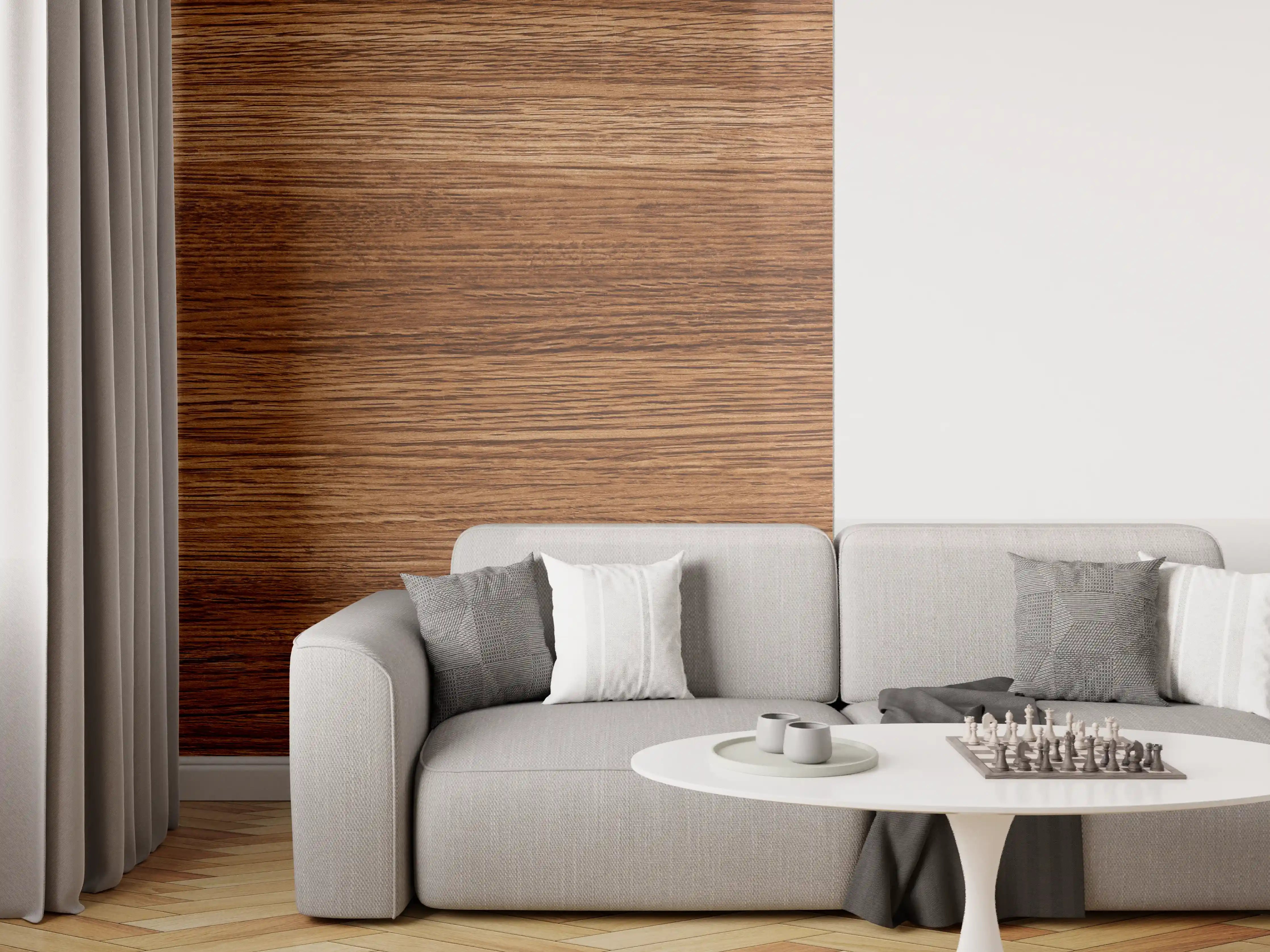 Wandverkleidung Wohnzimmer - Dunkle Holzwand mit Streifenmuster